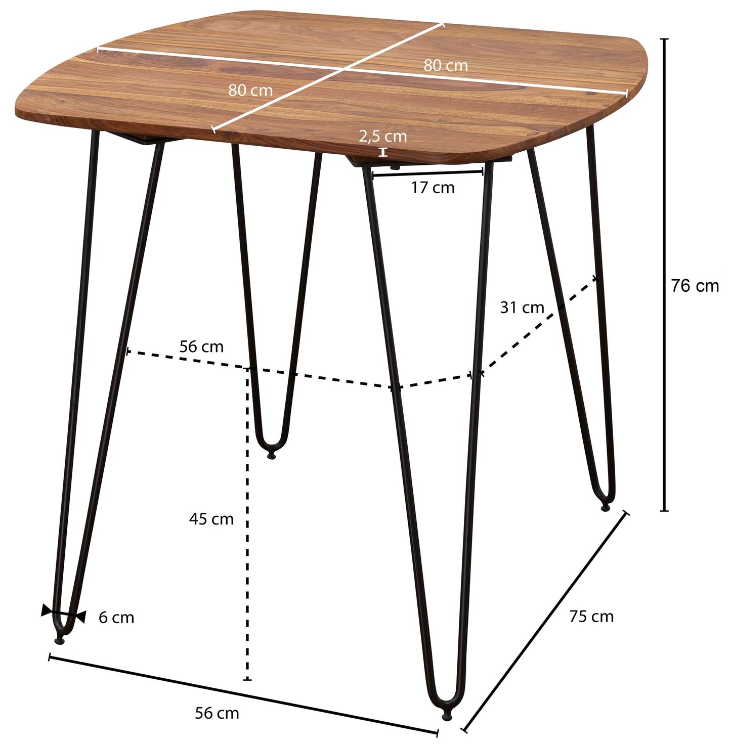 Esszimmertisch 80 mal 80 mal 76 cm Sheesham Massivholz Esstisch mit Metallbeinen Massiver Echtholz Tisch Quadratisch Designer Holztisch Massiv Moderner Kuechentisch Braun