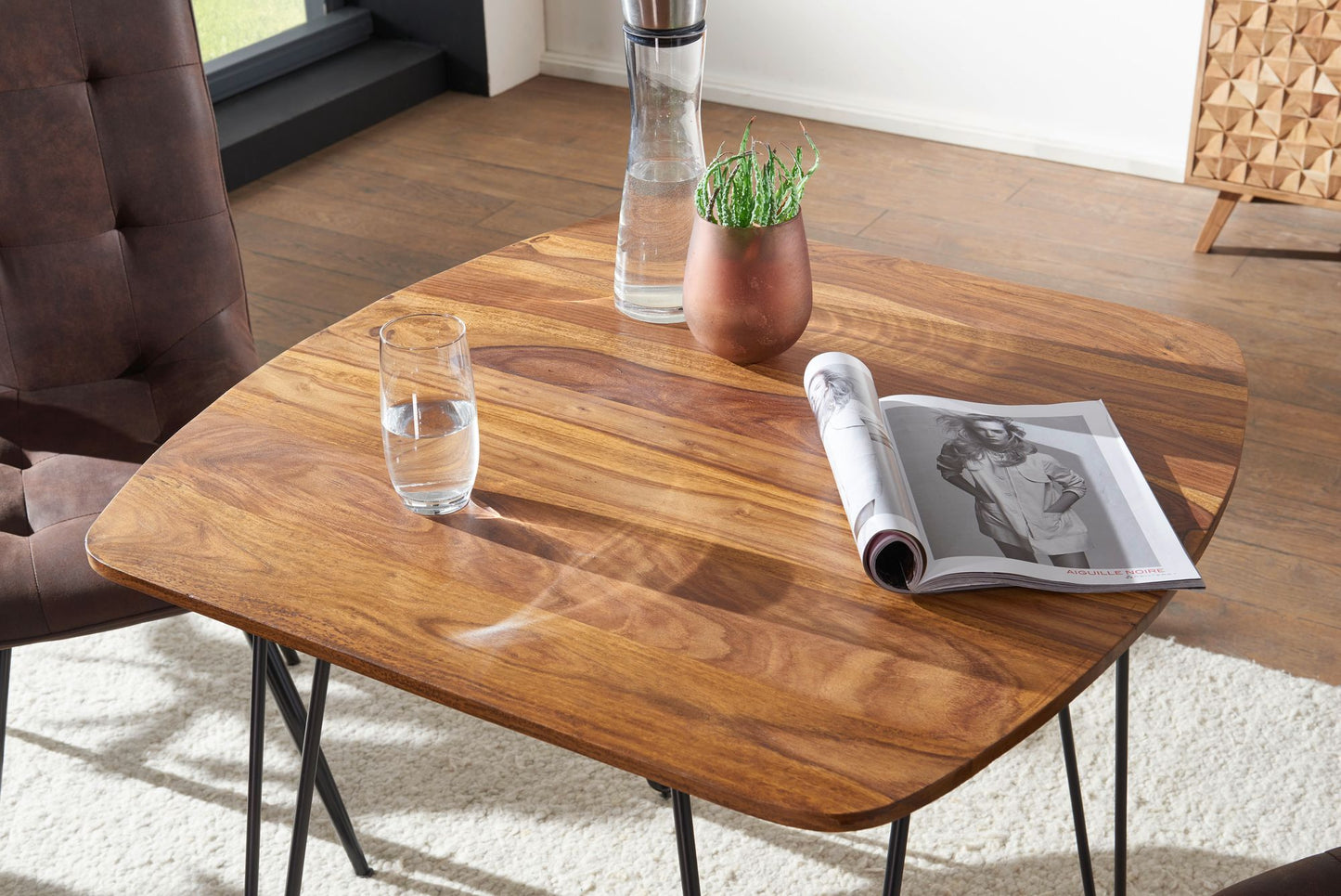 Esszimmertisch 80 mal 80 mal 76 cm Sheesham Massivholz Esstisch mit Metallbeinen Massiver Echtholz Tisch Quadratisch Designer Holztisch Massiv Moderner Kuechentisch Braun