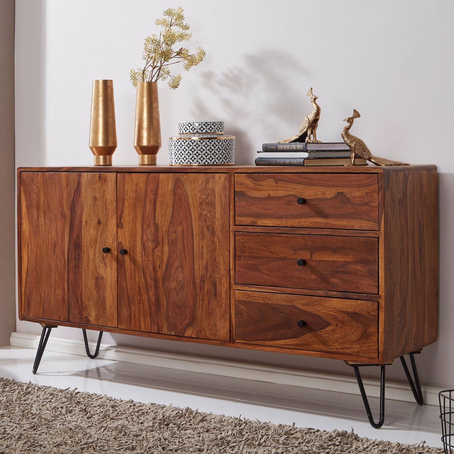 Sideboard WL5.629 Sheesham Massivholz 145 mal 75 mal 40 cm Landhaus Kommode Design Anrichte mit 3 Schubladen und 2 Tueren Hohe Schubladenkommode Holz Kommodenschrank Massiv Wohnzimmer