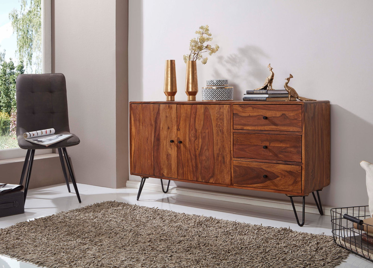 Sideboard WL5.629 Sheesham Massivholz 145 mal 75 mal 40 cm Landhaus Kommode Design Anrichte mit 3 Schubladen und 2 Tueren Hohe Schubladenkommode Holz Kommodenschrank Massiv Wohnzimmer