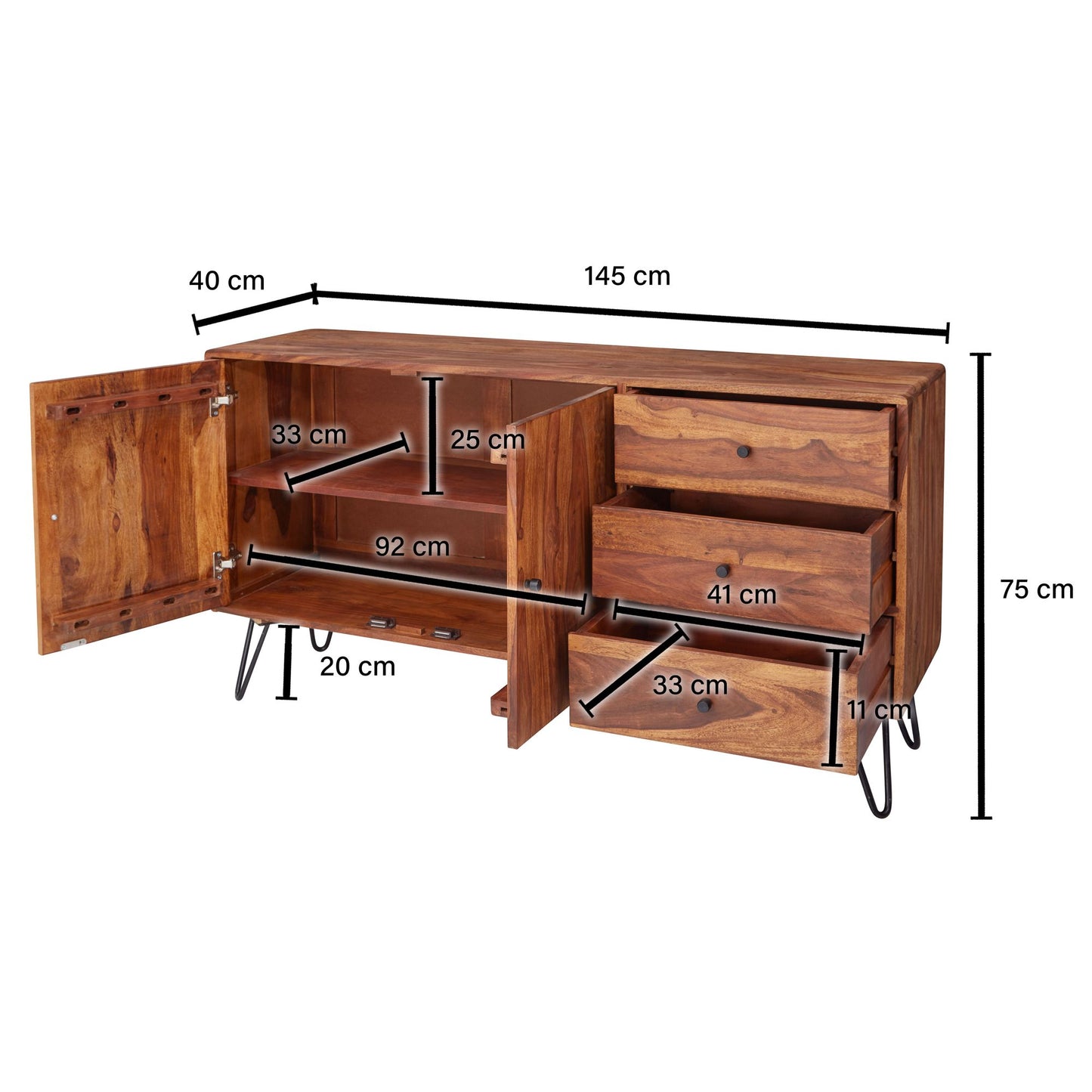 Sideboard WL5.629 Sheesham Massivholz 145 mal 75 mal 40 cm Landhaus Kommode Design Anrichte mit 3 Schubladen und 2 Tueren Hohe Schubladenkommode Holz Kommodenschrank Massiv Wohnzimmer