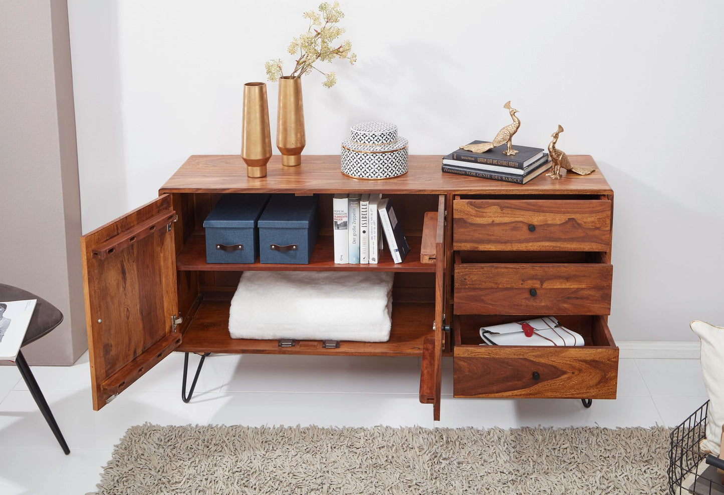 Sideboard WL5.629 Sheesham Massivholz 145 mal 75 mal 40 cm Landhaus Kommode Design Anrichte mit 3 Schubladen und 2 Tueren Hohe Schubladenkommode Holz Kommodenschrank Massiv Wohnzimmer