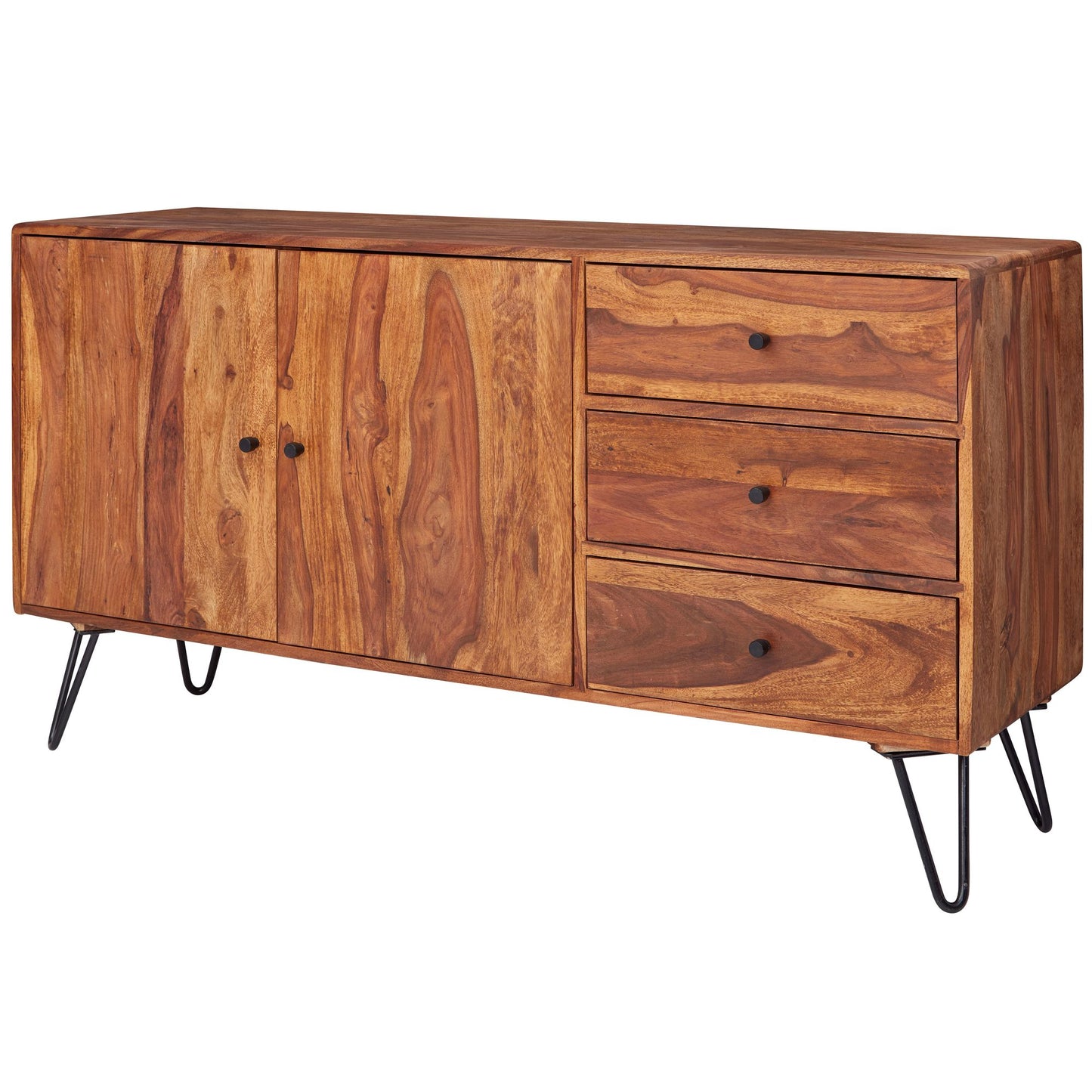 Sideboard WL5.629 Sheesham Massivholz 145 mal 75 mal 40 cm Landhaus Kommode Design Anrichte mit 3 Schubladen und 2 Tueren Hohe Schubladenkommode Holz Kommodenschrank Massiv Wohnzimmer