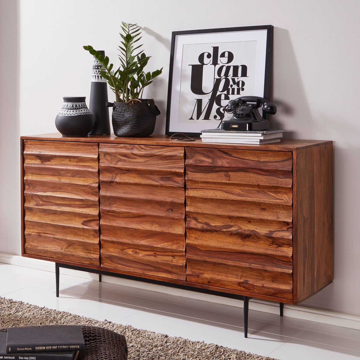 Sideboard WL5.635 Sheesham Massivholz 150 mal 81 mal 41 cm Landhaus Kommode Design Anrichte Gross Hoher Kommodenschrank mit 3 Tueren Holz Massiv Standschrank Wohnzimmer Modern