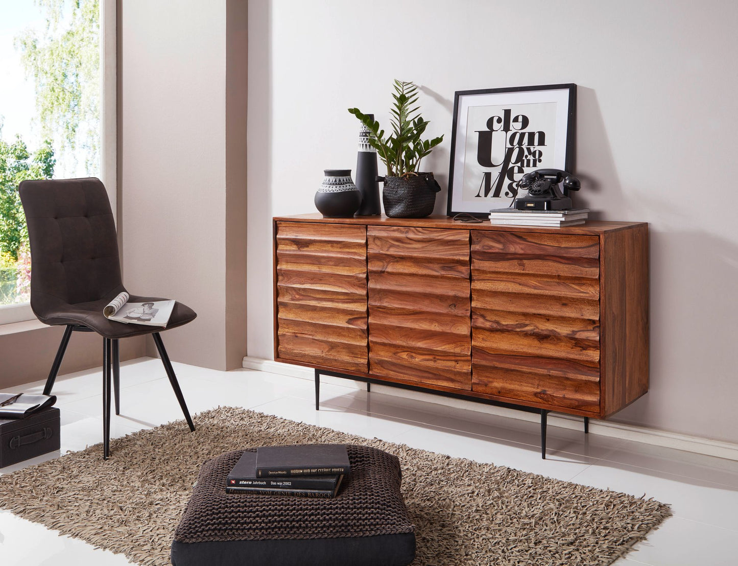 Sideboard WL5.635 Sheesham Massivholz 150 mal 81 mal 41 cm Landhaus Kommode Design Anrichte Gross Hoher Kommodenschrank mit 3 Tueren Holz Massiv Standschrank Wohnzimmer Modern