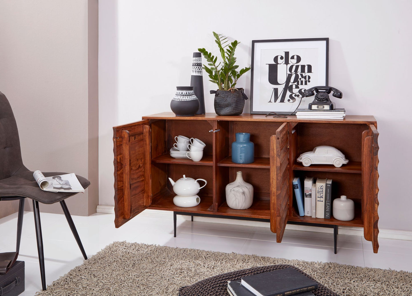 Sideboard WL5.635 Sheesham Massivholz 150 mal 81 mal 41 cm Landhaus Kommode Design Anrichte Gross Hoher Kommodenschrank mit 3 Tueren Holz Massiv Standschrank Wohnzimmer Modern