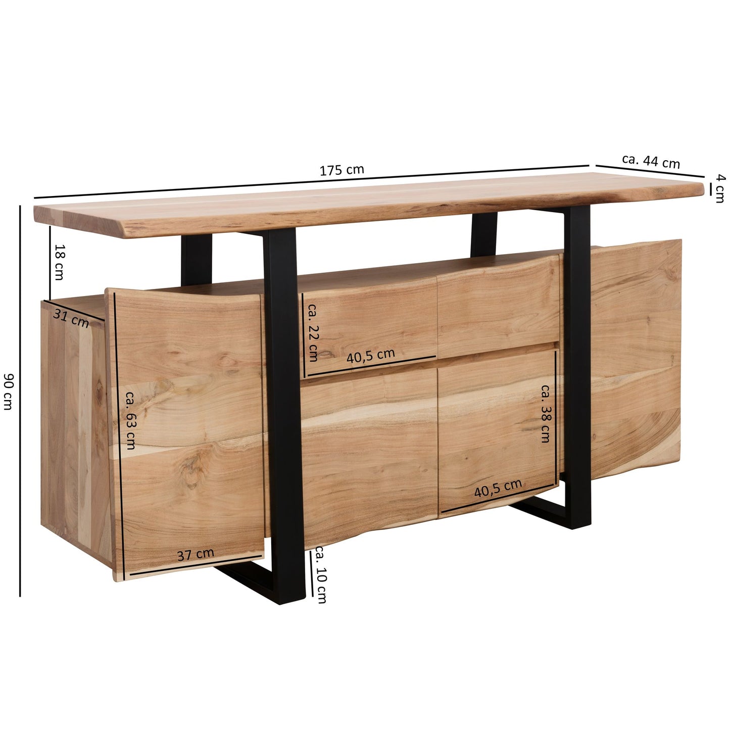 Sideboard GAYA Akazie Kommode Massiv Holz 175 mal 90 mal 44cm Highboard mit Tueren und Schubladen Modern Massive Design Anrichte Kleiner Massivholz Schrank Landhaus Holzkommode Baumkante