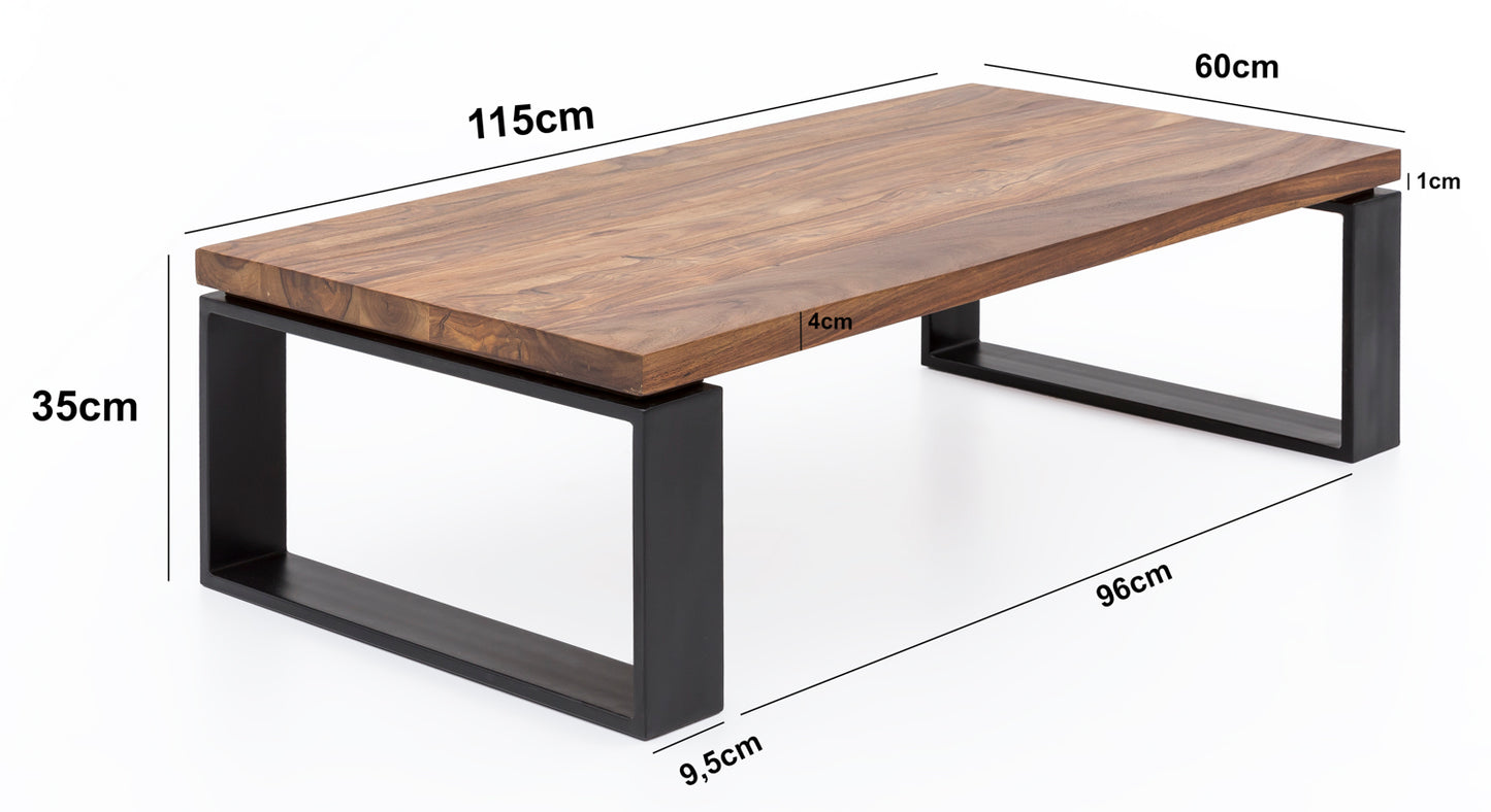 Couchtisch WL5.650 Sheesham 115 mal 35 mal 60 cm Massiv Holz Sofatisch mit Metallgestell Wohnzimmertisch Rechteckig Massivholz Braun Holztisch Modern Tisch Wohnzimmer