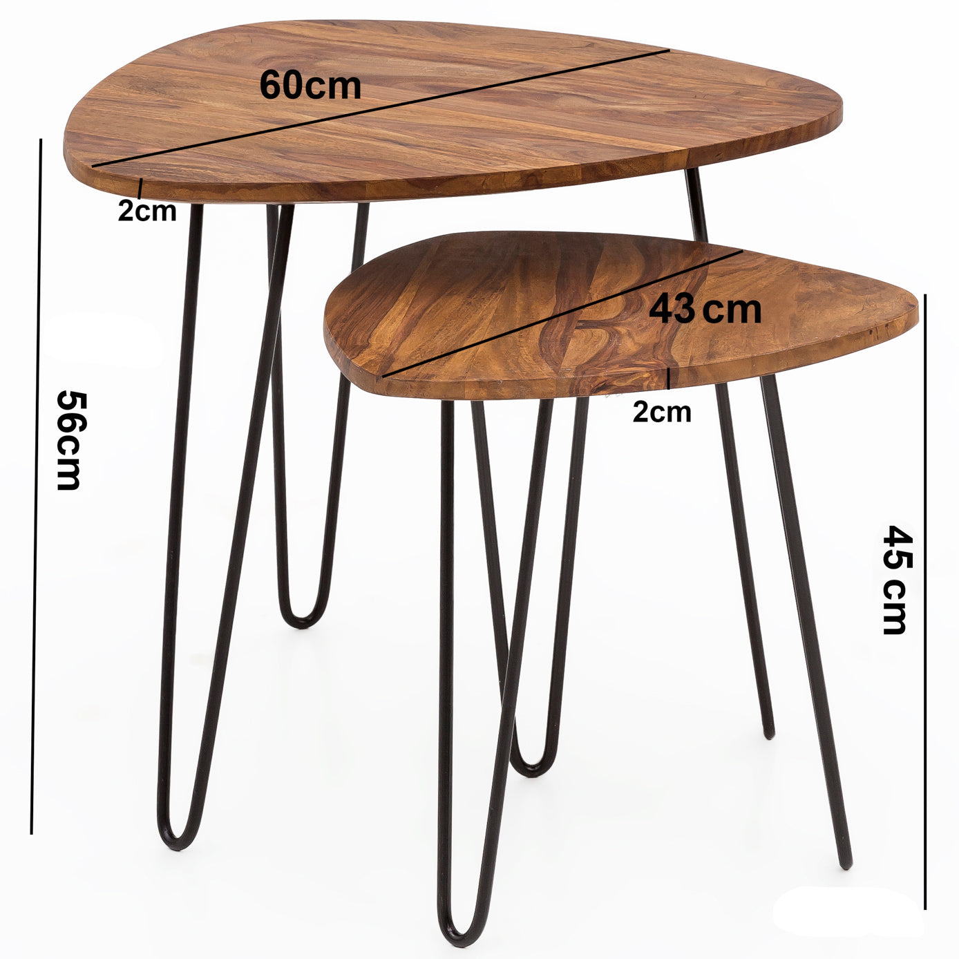 Design Satztisch WL5.659 Sheesham Metall Beistelltisch 2er Set Klein Couchtisch Set 2 Holz Tische Massivholz Wohnzimmertisch Metallgestell Schmaler Sofatisch Ablagetisch