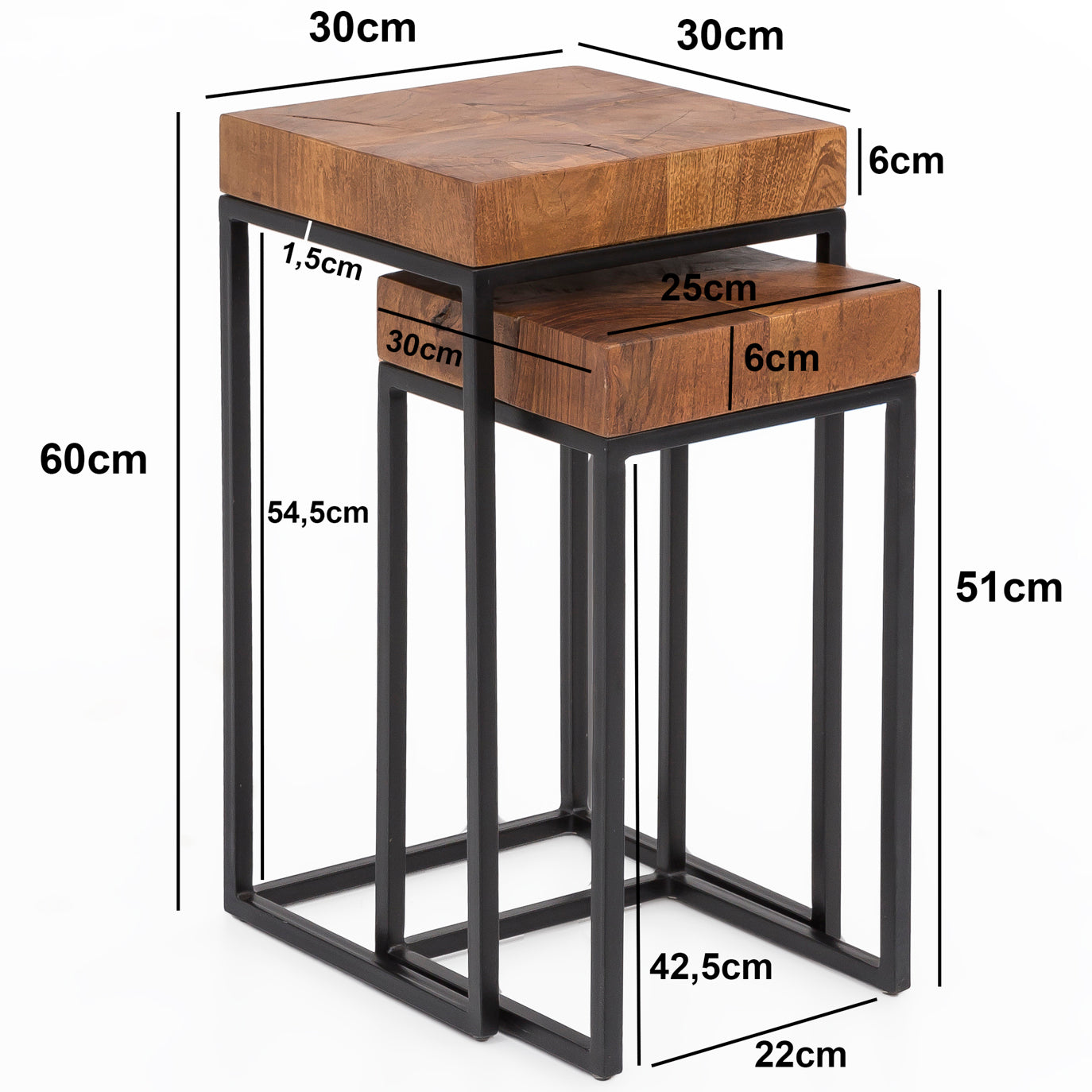 Design Satztisch WL5.660 Sheesham Metall Beistelltisch 2er Set Klein Couchtisch Set 2 Holz Tische Massivholz Wohnzimmertisch Metallgestell Schmaler Sofatisch Ablagetisch