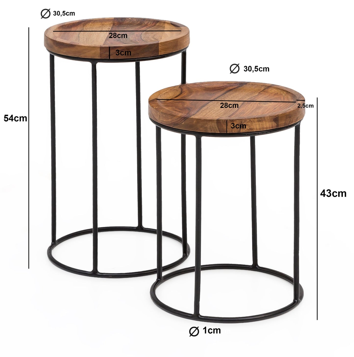 Design Satztisch WL5.661 Sheesham Metall Beistelltisch 2er Set Klein Couchtisch Set 2 Holz Tische Massivholz Wohnzimmertisch Metallgestell Schmaler Sofatisch Ablagetisch