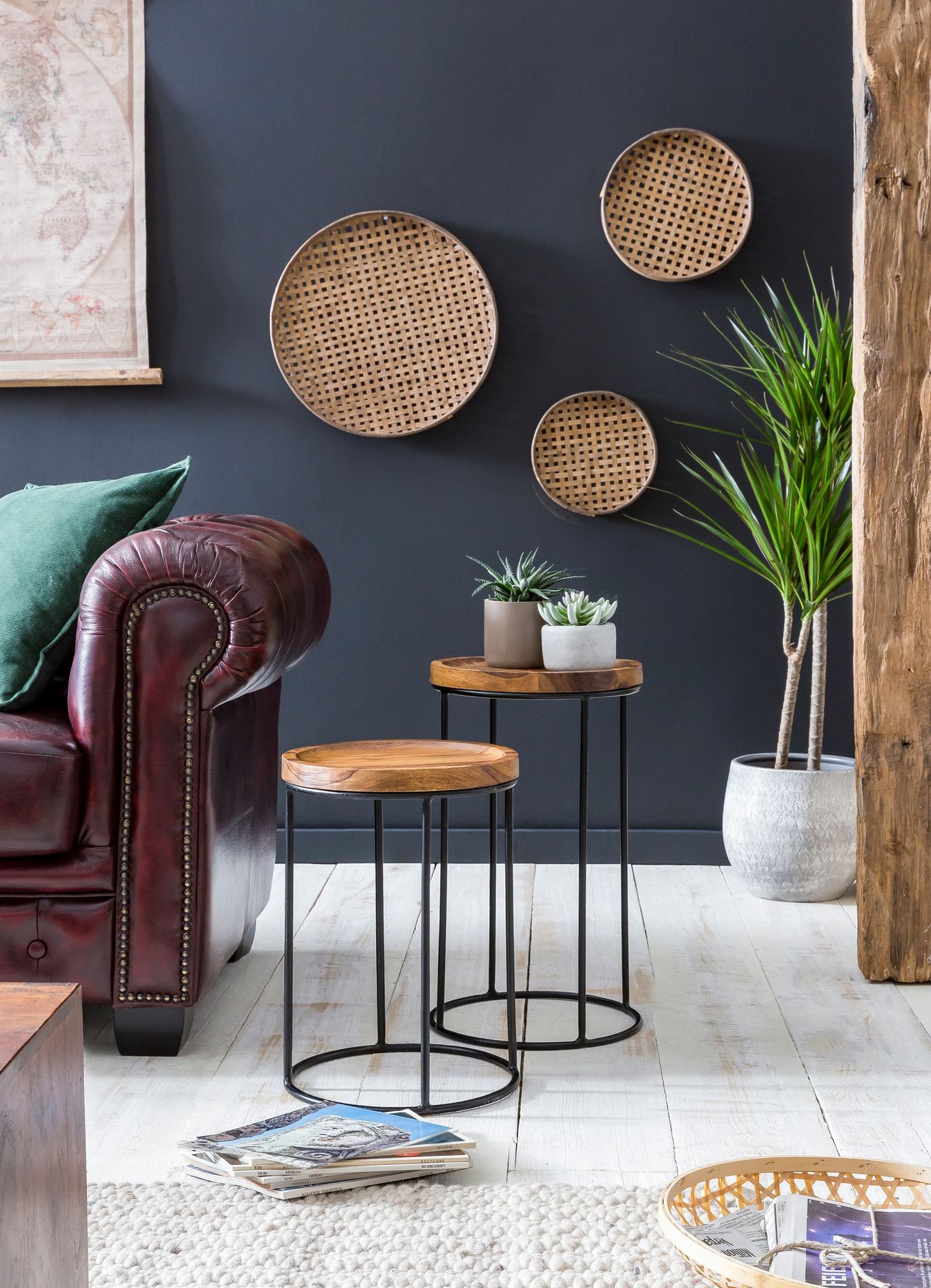 Design Satztisch WL5.661 Sheesham Metall Beistelltisch 2er Set Klein Couchtisch Set 2 Holz Tische Massivholz Wohnzimmertisch Metallgestell Schmaler Sofatisch Ablagetisch
