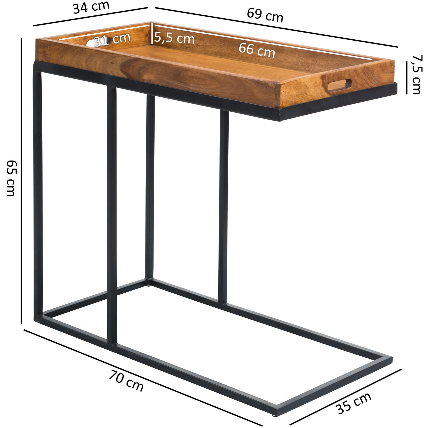 Beistelltisch WL5.667 Sheeshamholz 70 mal 65 mal 34 cm mit Metallgestell Design TV Tray Tabletttisch Wohnzimmer Kleiner Serviertisch Naturholz Abstelltisch Holz Metall Tablett