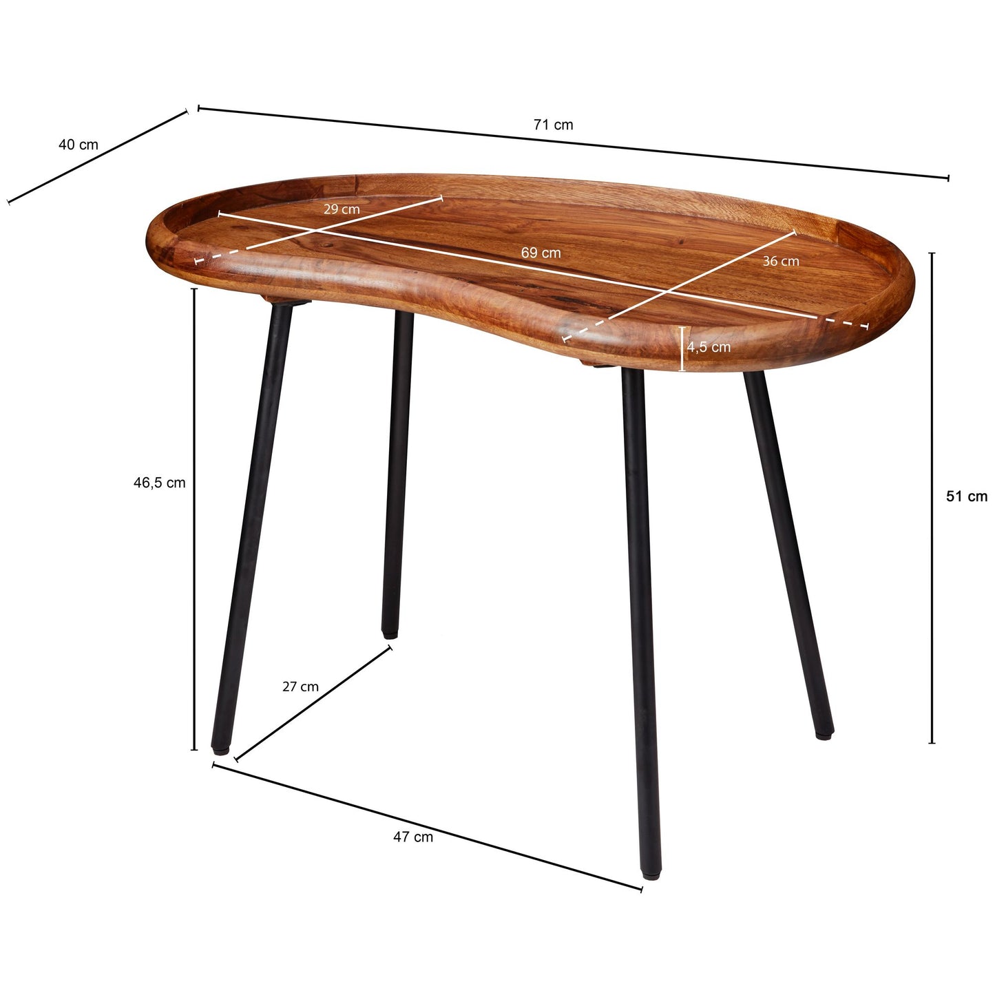 Couchtisch WL5.669 71 mal 51 mal 40 cm Sheesham massiv Sofatisch Nierenform  mit Metallbeinen Wohnzimmertisch Massivholz Kleiner Nierentisch Echtholz Stubentisch Holz Beistelltisch Modern