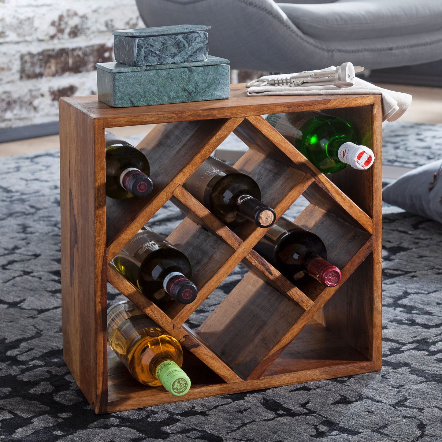 Weinregal WL5.673 Sheesham Massivholz 40 mal 40 mal 25cm Holzregal 8 Flaschen Kleines Flaschenregal Standregal schmal Design Getraenkehalter Holz Weinflaschenhalter stehend massiv Regal