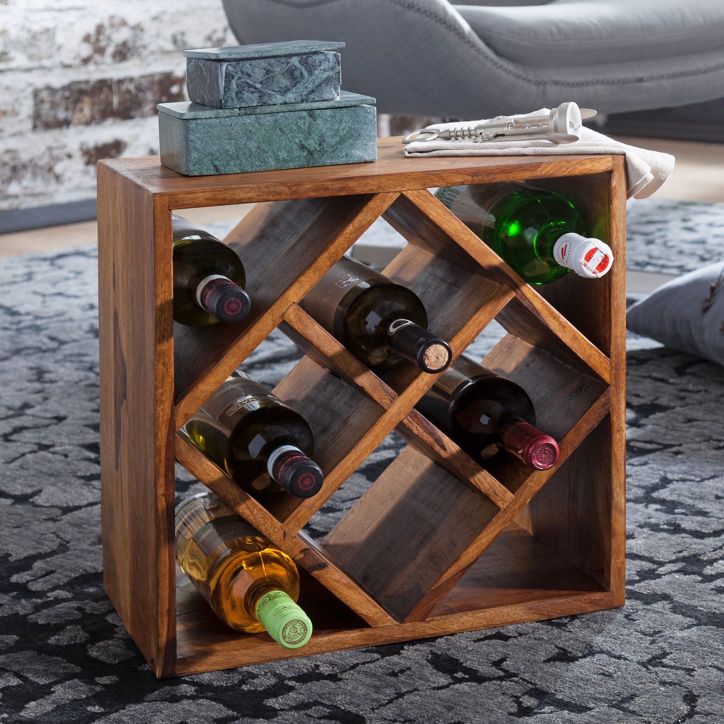 Weinregal WL5.673 Sheesham Massivholz 40 mal 40 mal 25cm Holzregal 8 Flaschen Kleines Flaschenregal Standregal schmal Design Getraenkehalter Holz Weinflaschenhalter stehend massiv Regal