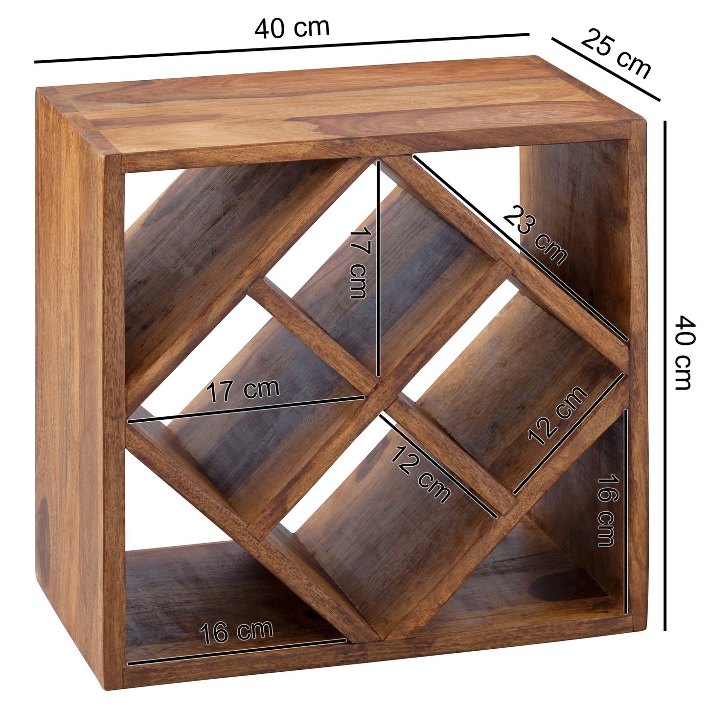 Weinregal WL5.673 Sheesham Massivholz 40 mal 40 mal 25cm Holzregal 8 Flaschen Kleines Flaschenregal Standregal schmal Design Getraenkehalter Holz Weinflaschenhalter stehend massiv Regal