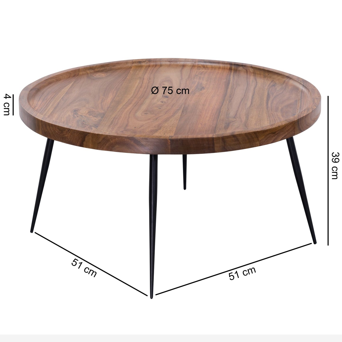 Couchtisch WL5.678 75 mal 39 mal 75 cm Sheesham Massivholz Metall Sofatisch Design Wohnzimmertisch Rund Stubentisch Retro Braun Designer Holztisch Kaffeetisch Massiv Tisch Wohnzimmer