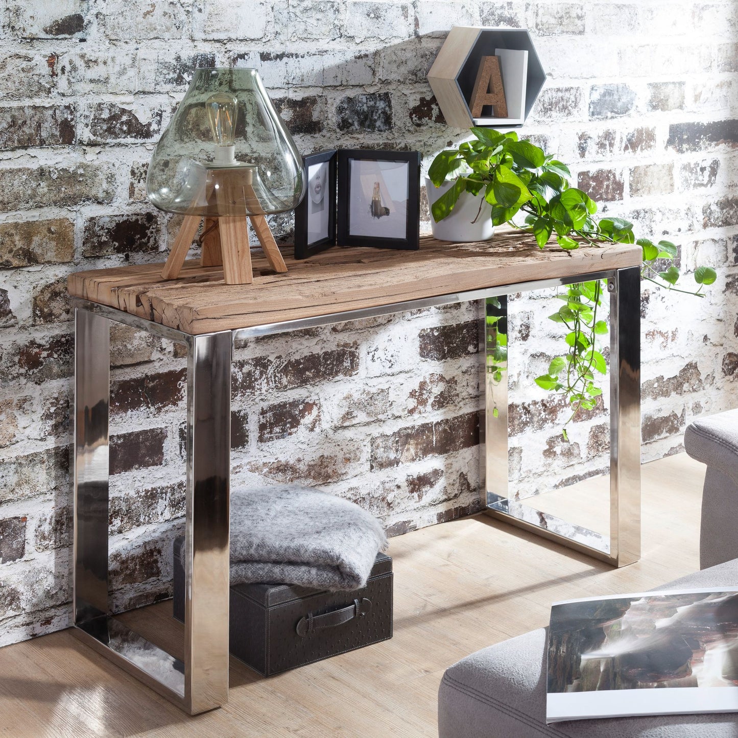 Konsolentisch 115 mal 76 mal 46 cm Massiv Holz Akazie Natur Konsole rustikal Wohnzimmer Anrichte Flur Schmal Schminktisch Industrial Style Echtholz