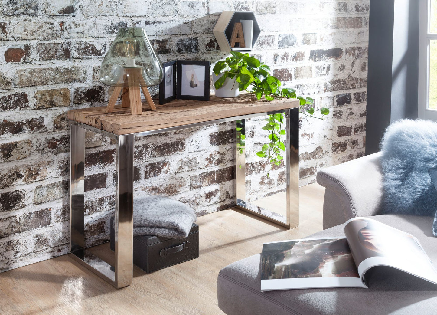 Konsolentisch 115 mal 76 mal 46 cm Massiv Holz Akazie Natur Konsole rustikal Wohnzimmer Anrichte Flur Schmal Schminktisch Industrial Style Echtholz