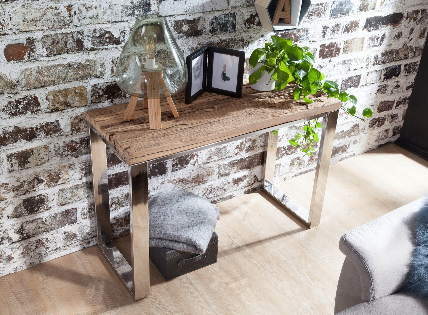 Konsolentisch 115 mal 76 mal 46 cm Massiv Holz Akazie Natur Konsole rustikal Wohnzimmer Anrichte Flur Schmal Schminktisch Industrial Style Echtholz