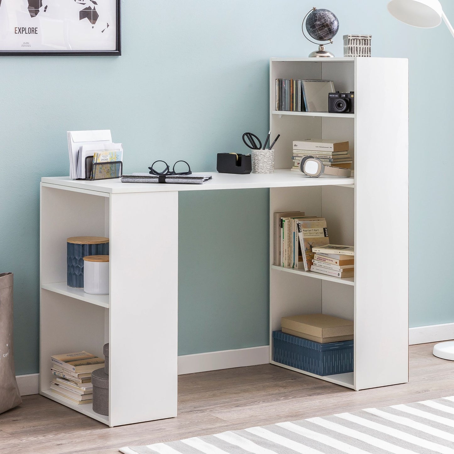 Schreibtisch WL5.692 mit Regal 120 mal 120 mal 53 cm Weiss Matt Holz Modern Schreibtischregal Ablagefaecher PC Tisch Computertisch mit Ablage Weisser Design Tisch Buero mit Aufbewahrung