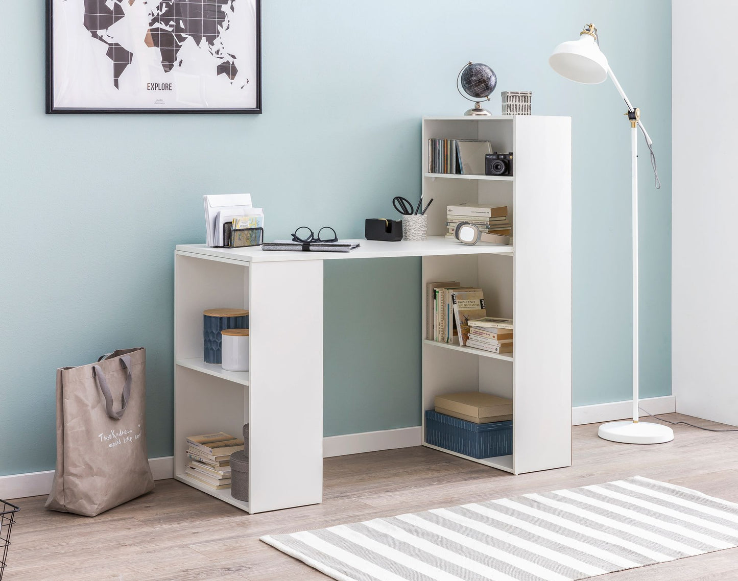 Schreibtisch WL5.692 mit Regal 120 mal 120 mal 53 cm Weiss Matt Holz Modern Schreibtischregal Ablagefaecher PC Tisch Computertisch mit Ablage Weisser Design Tisch Buero mit Aufbewahrung