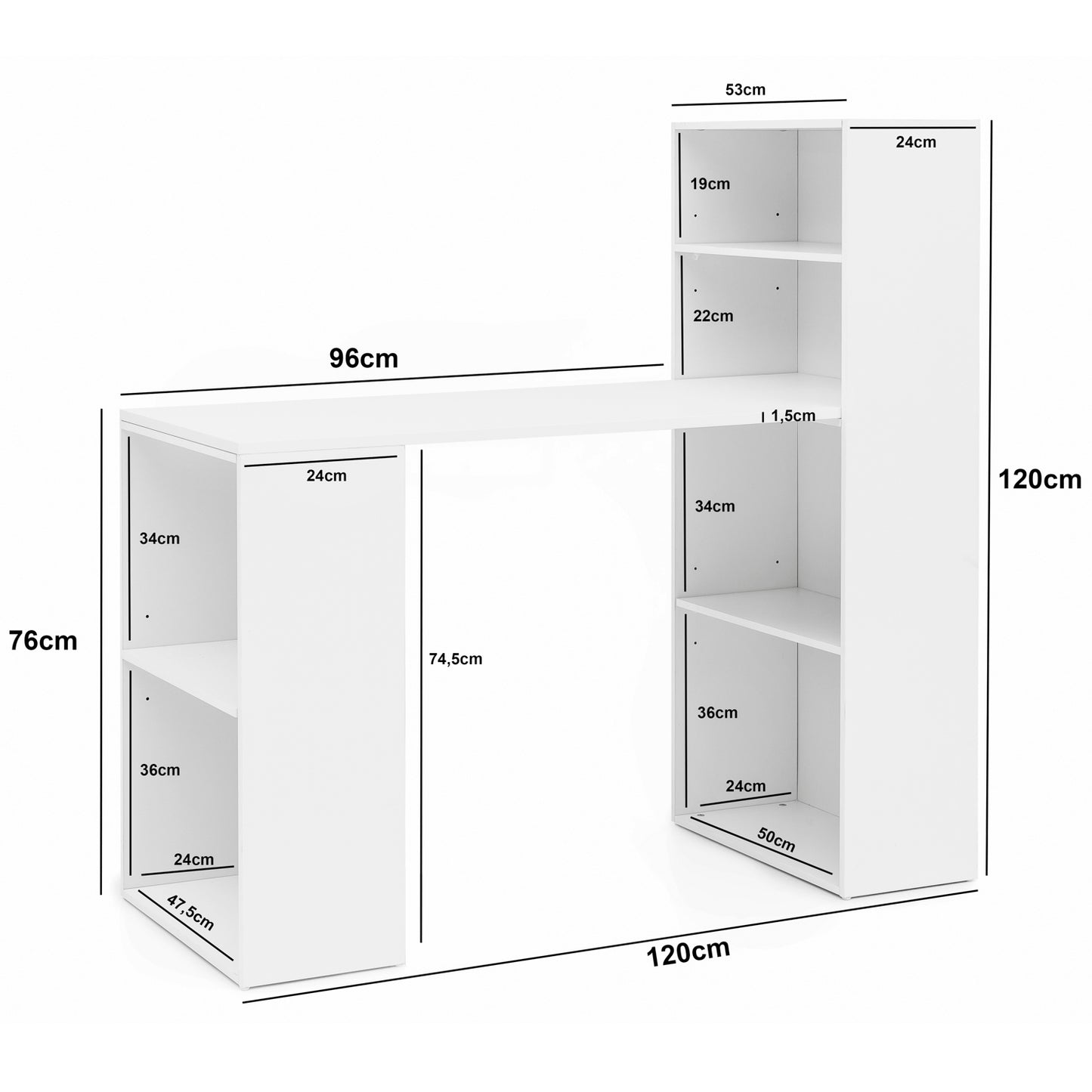 Schreibtisch WL5.692 mit Regal 120 mal 120 mal 53 cm Weiss Matt Holz Modern Schreibtischregal Ablagefaecher PC Tisch Computertisch mit Ablage Weisser Design Tisch Buero mit Aufbewahrung