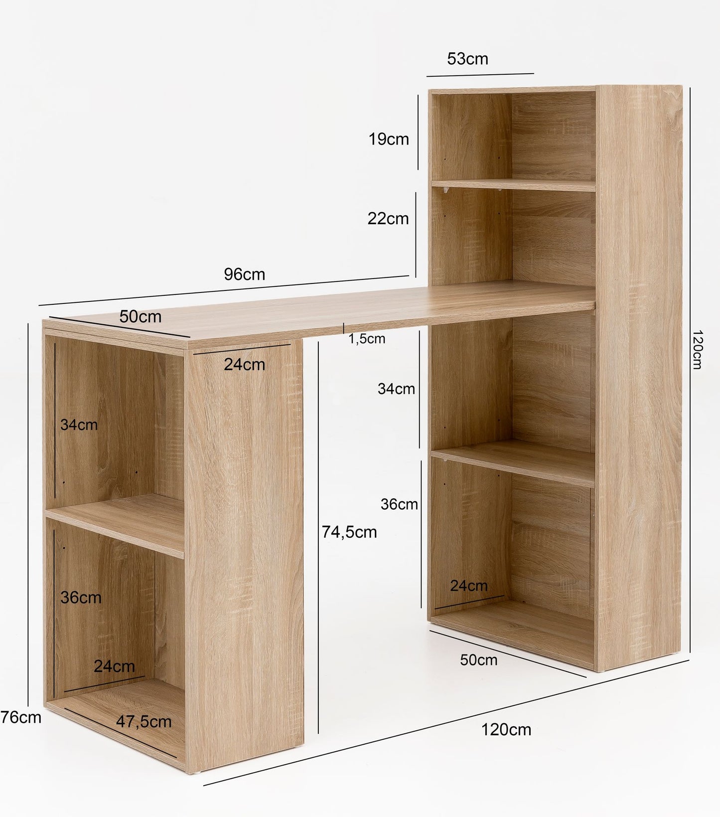 Schreibtisch WL5.693 mit Regal 120 mal 120 mal 53 cm Sonoma Holz Modern Schreibtischregal Ablagefaecher PC Tisch Computertisch mit Ablage Design Tisch Buero mit Aufbewahrung