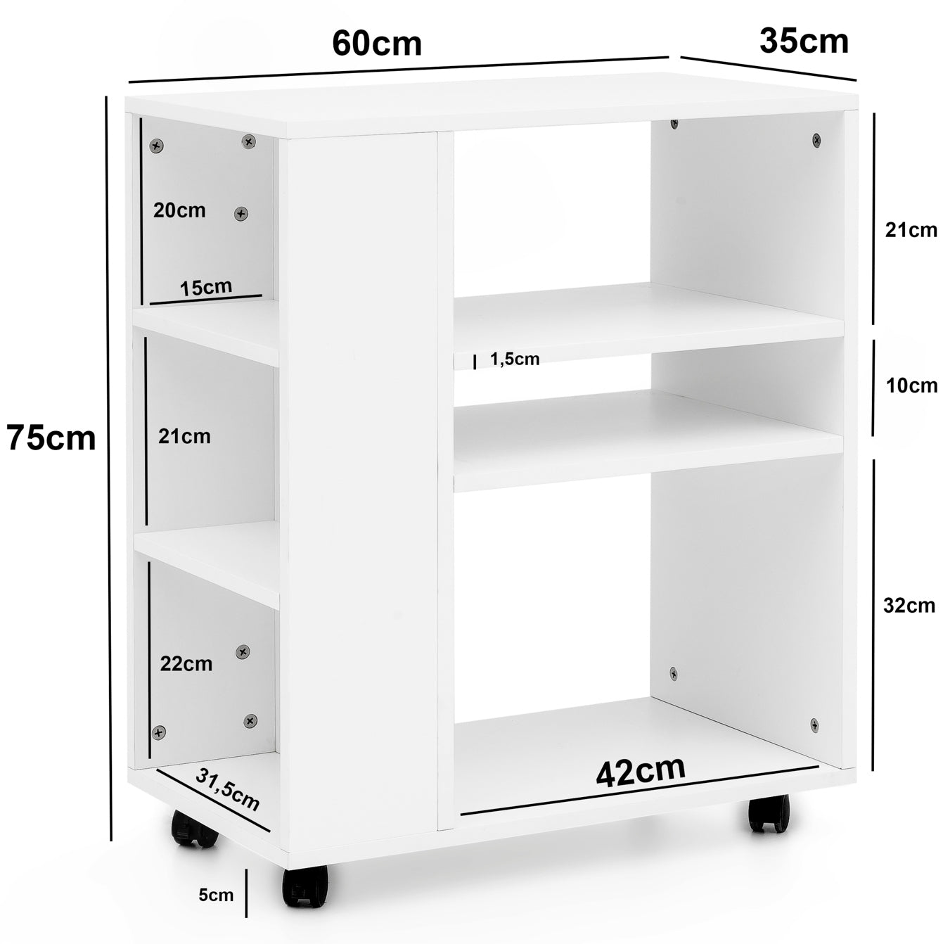 Regal WL5.694 Weiss 60 mal 75 mal 35  cm Regalwagen mit Rollen Holz Schmales Kuechen Regal Telefontisch Rollwagen Modern Buecher Regal schmal Standcontainer hoch