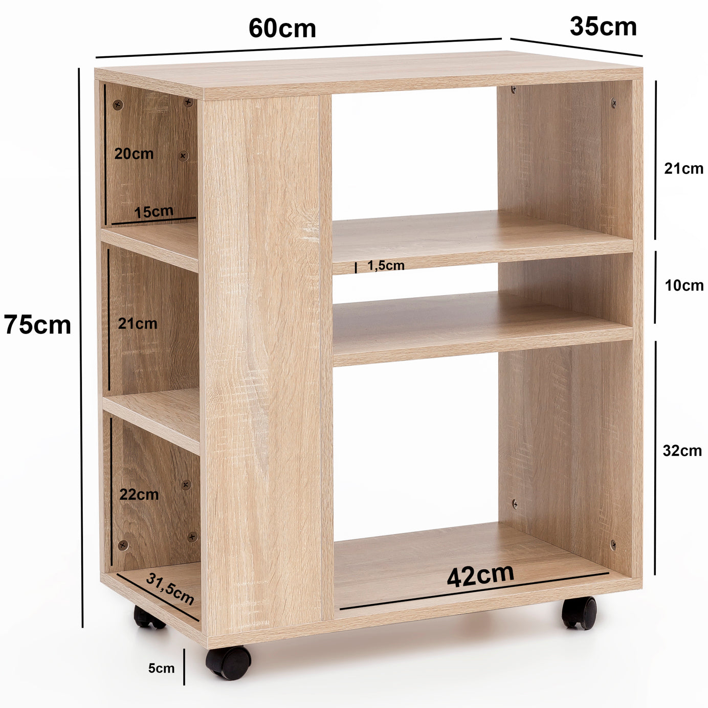 Regal WL5.695 Sonoma 60 mal 35 mal 75 cm Regalwagen mit Rollen Holz Schmales Kuechen Regal Telefontisch Rollwagen Modern Buecher Regal schmal Standcontainer hoch