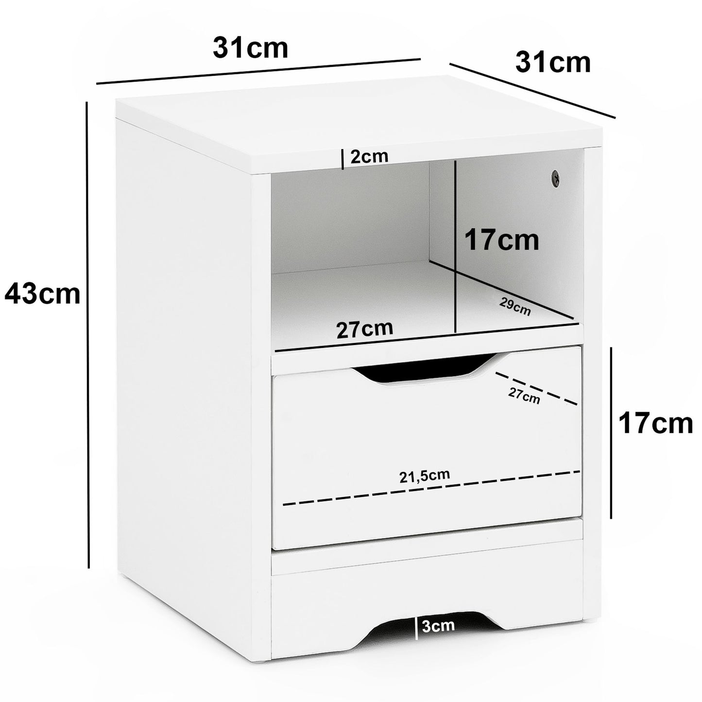 Nachtkonsole WL5.700 31 mal 43 mal 31cm Weiss Matt 1 Schublade und Ablagefach Weisse Nachtkommode mit Stauraum Nachttisch Schlicht Modern Nachtschraenkchen Klein Bettkommode Schlafzimmer