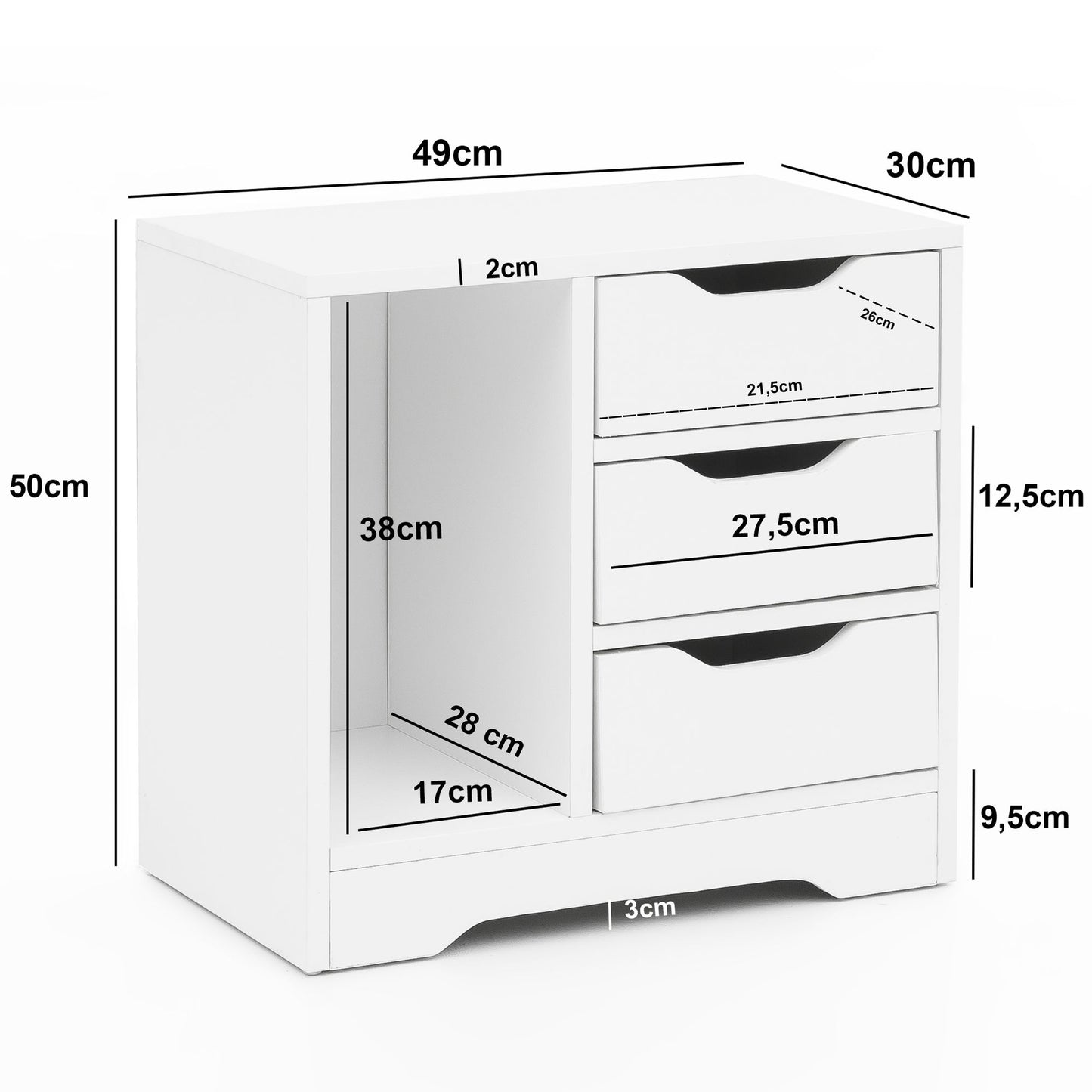 Nachtkonsole WL5.708 49 mal 50 mal 30 cm Weiss Matt 3 Schubladen 1 Ablagefach Weisse Nachtkommode mit Stauraum Nachttisch Schlicht Modern Nachtschraenkchen Klein Bettkommode Schlafzimmer