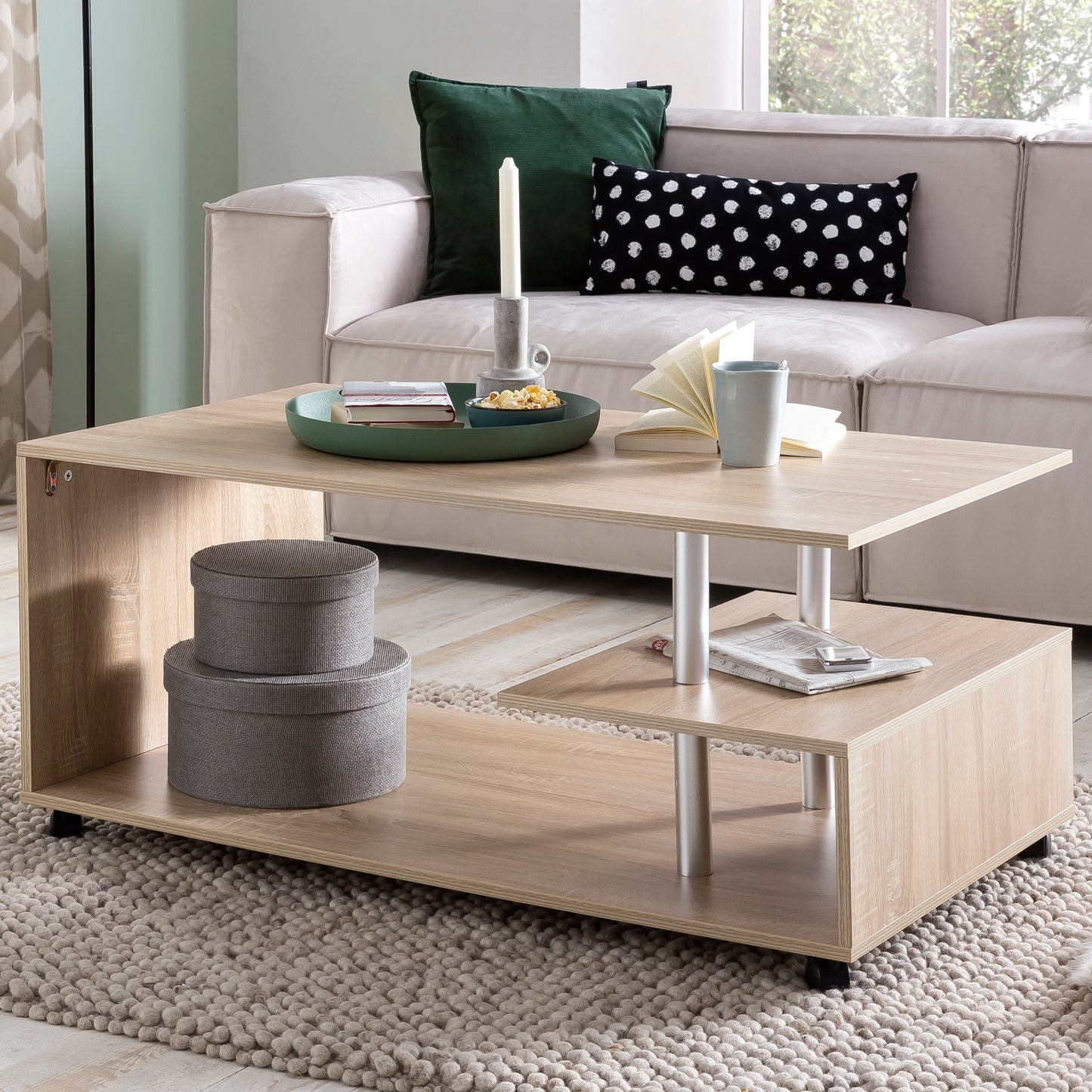 Design Couchtisch WL5.735 105 mal 48 5 mal 60 cm Sonoma Drehbar mit Rollen Wohnzimmertisch Coffee Table Sofatisch Loungetisch Holz Kaffeetisch mit Stauraum