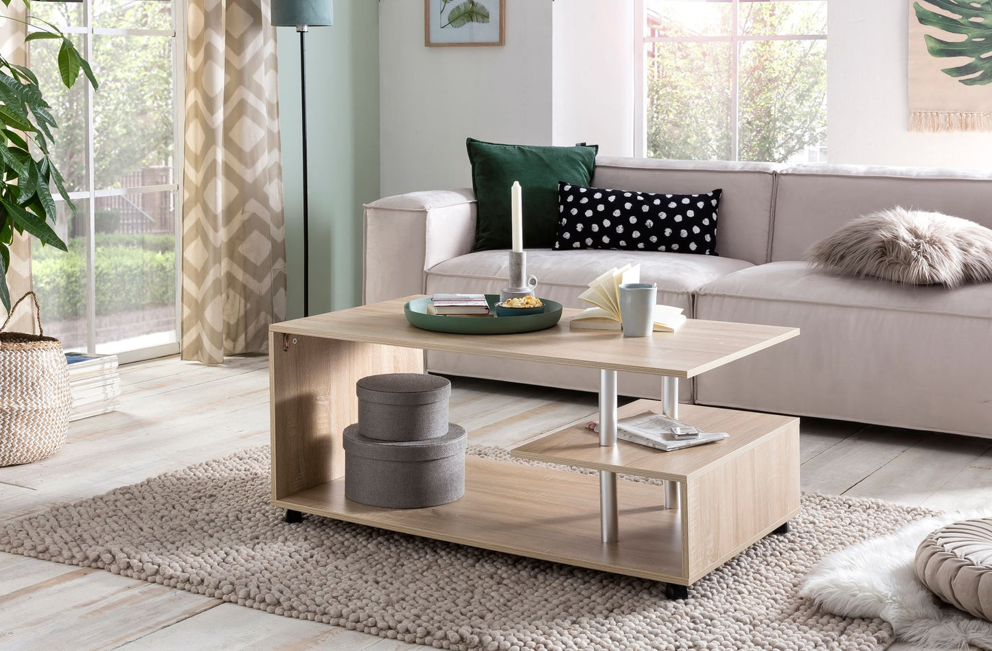 Design Couchtisch WL5.735 105 mal 48 5 mal 60 cm Sonoma Drehbar mit Rollen Wohnzimmertisch Coffee Table Sofatisch Loungetisch Holz Kaffeetisch mit Stauraum