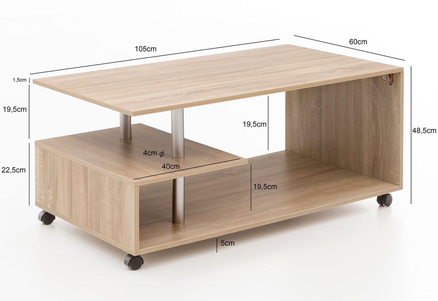 Design Couchtisch WL5.735 105 mal 48 5 mal 60 cm Sonoma Drehbar mit Rollen Wohnzimmertisch Coffee Table Sofatisch Loungetisch Holz Kaffeetisch mit Stauraum