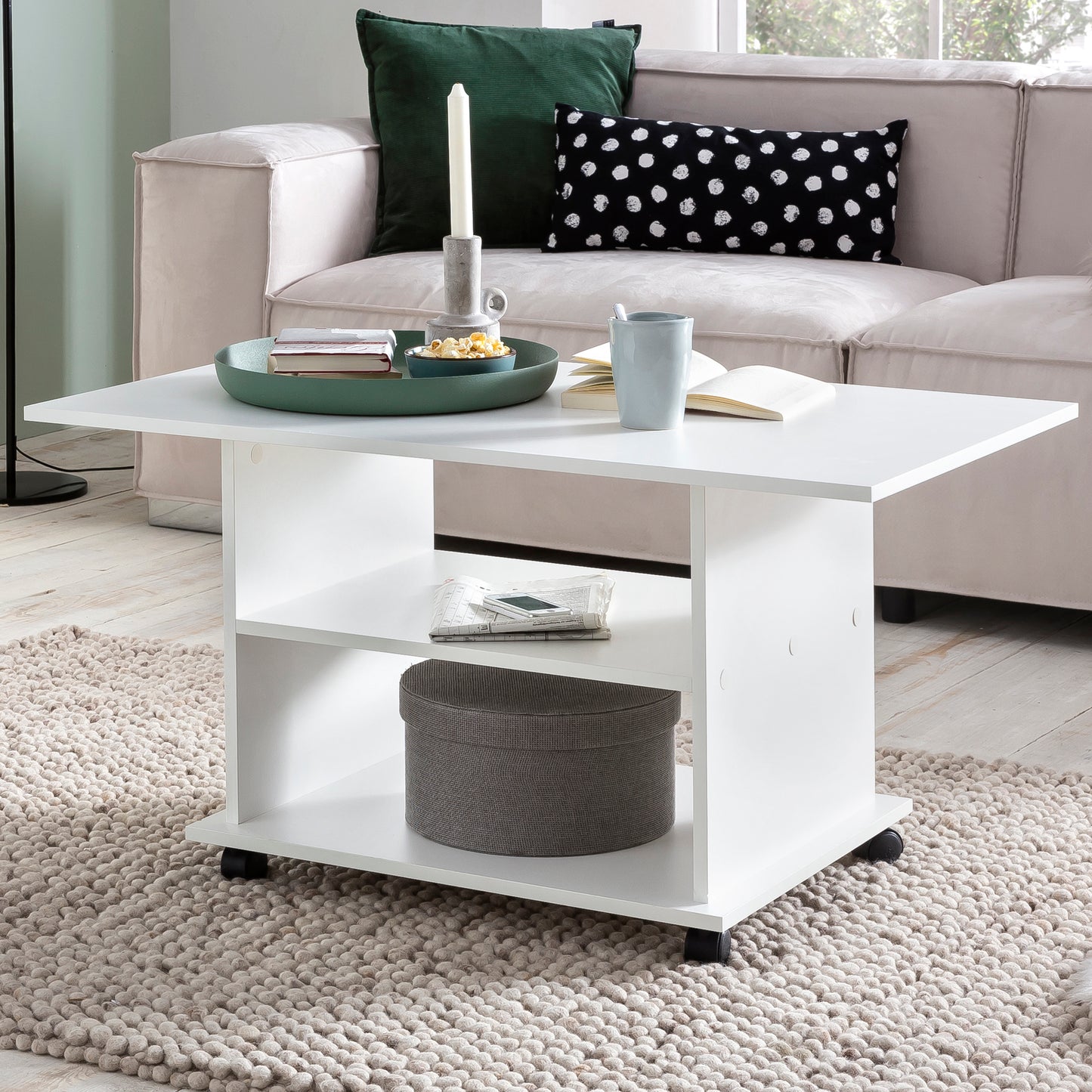 Design Couchtisch WL5.738 95 mal 51 mal 54 5 cm Weiss Drehbar mit Rollen Wohnzimmertisch Coffee Table Sofatisch Loungetisch Holz Kaffeetisch mit Stauraum