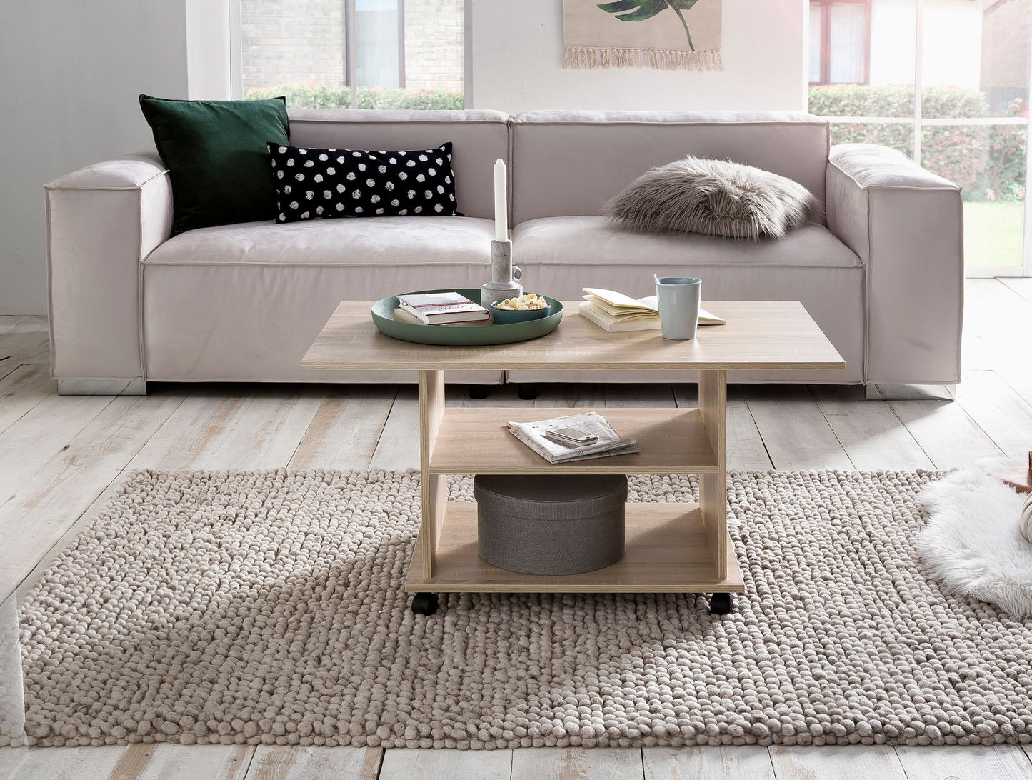 Design Couchtisch WL5.739 95 mal 51 mal 54 5 cm Sonoma Drehbar mit Rollen Wohnzimmertisch Coffee Table Sofatisch Loungetisch Holz Kaffeetisch mit Stauraum