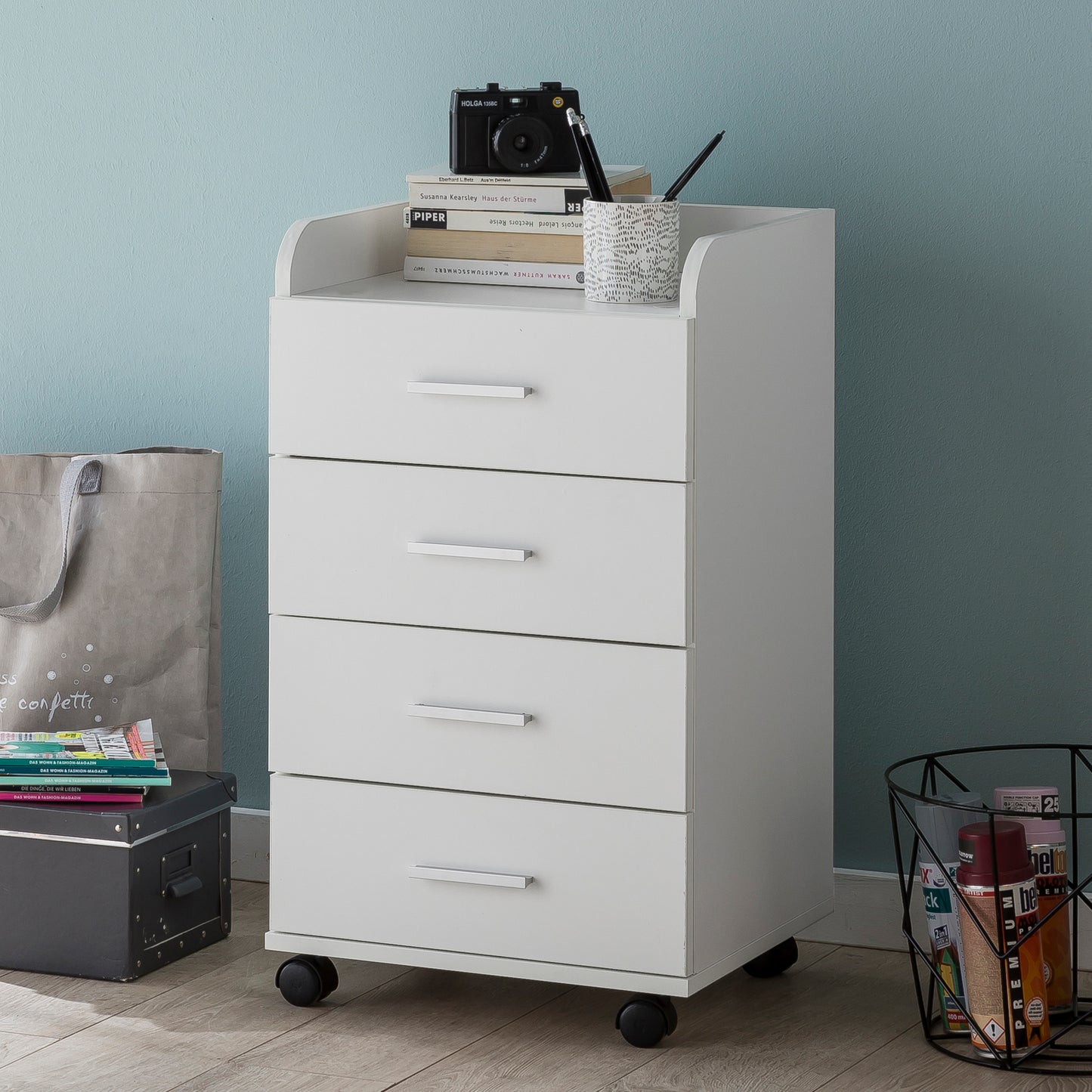 Rollcontainer WL5.748 40 mal 70 5 mal 33 cm Weiss Schreibtisch Container Rollschrank 4 Schubladen Moderner Schubladencontainer mit Rollen Standcontainer Buerocontainer Beistellcontainer