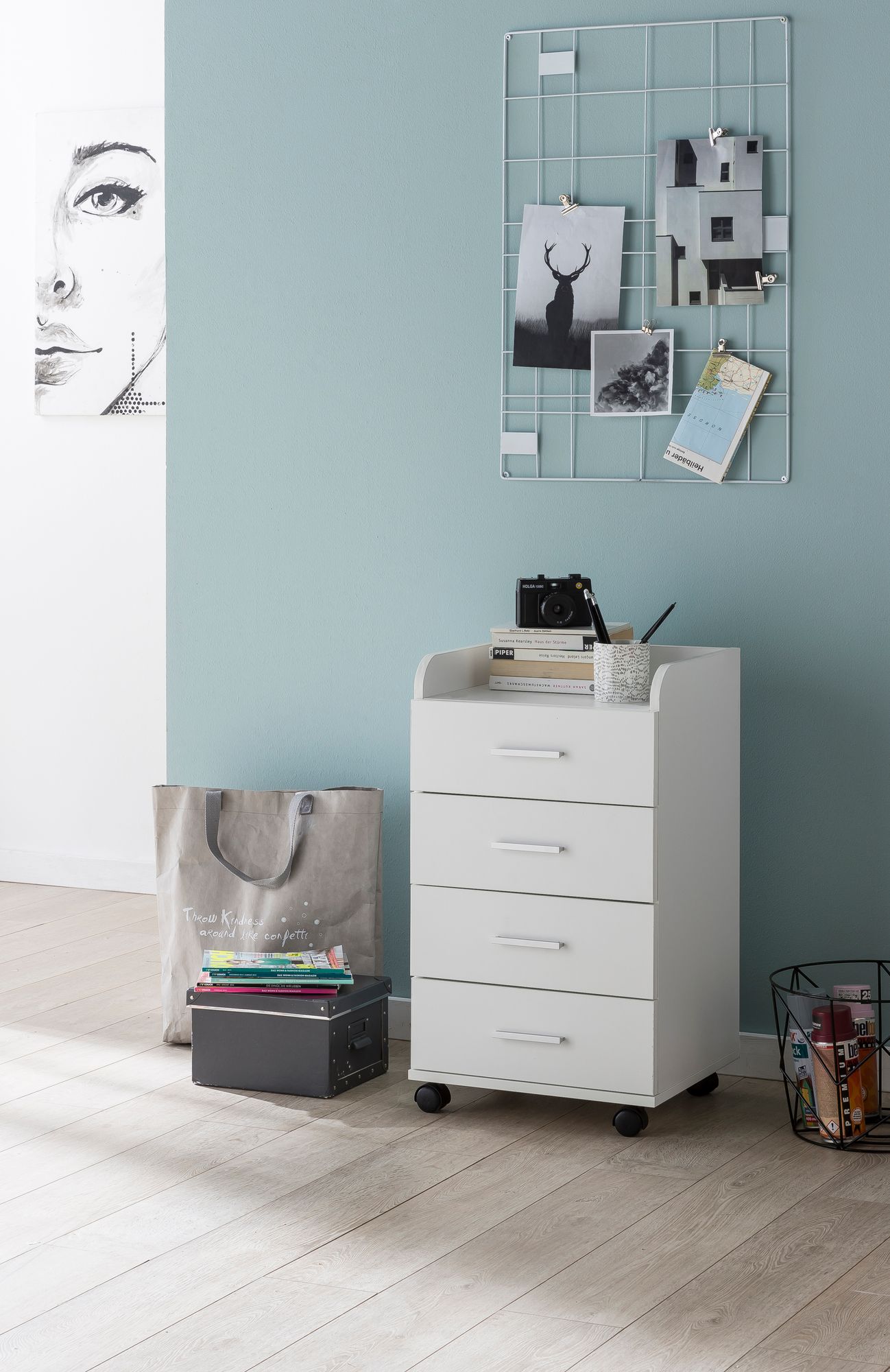 Rollcontainer WL5.748 40 mal 70 5 mal 33 cm Weiss Schreibtisch Container Rollschrank 4 Schubladen Moderner Schubladencontainer mit Rollen Standcontainer Buerocontainer Beistellcontainer