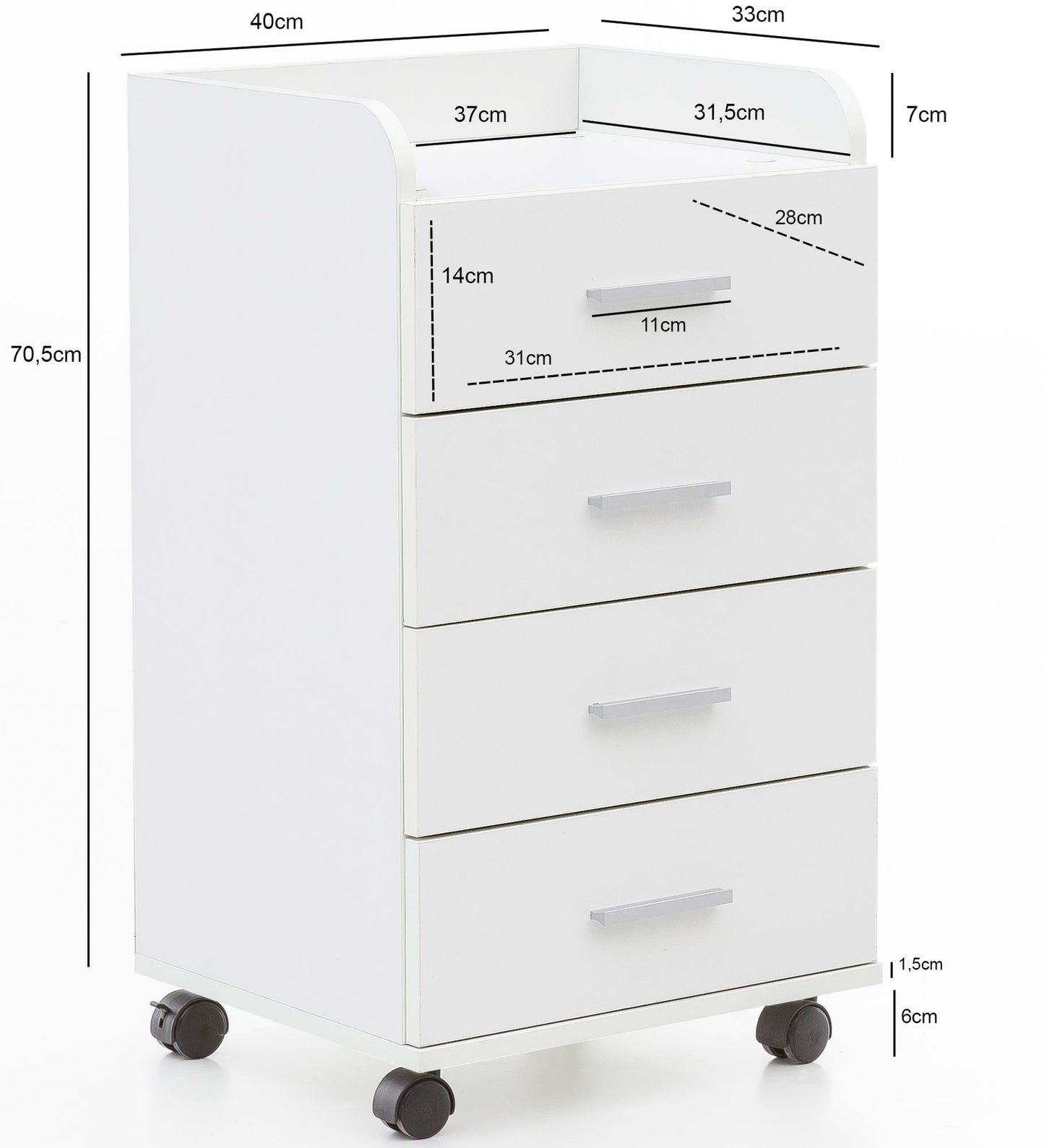 Rollcontainer WL5.748 40 mal 70 5 mal 33 cm Weiss Schreibtisch Container Rollschrank 4 Schubladen Moderner Schubladencontainer mit Rollen Standcontainer Buerocontainer Beistellcontainer