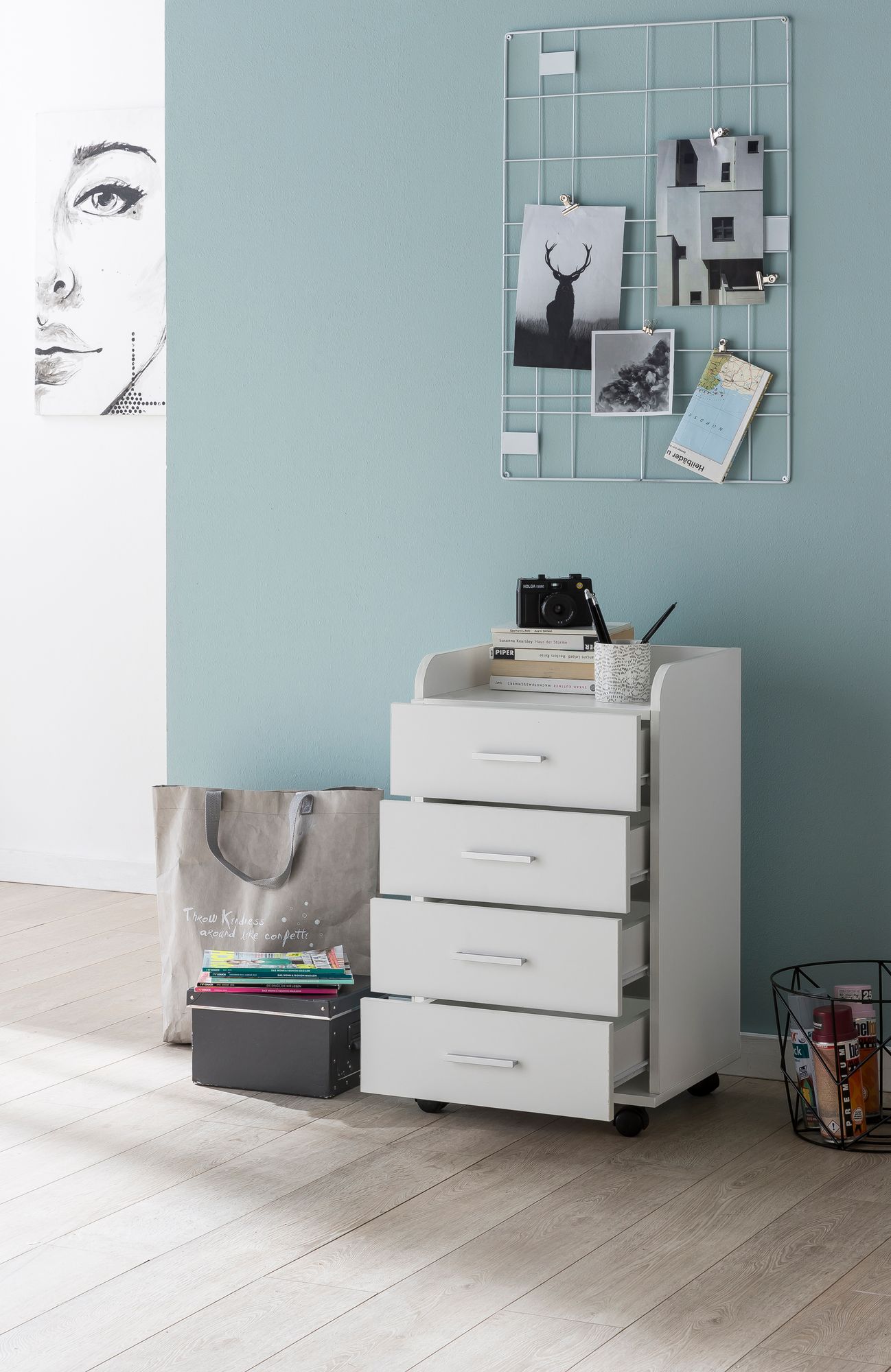 Rollcontainer WL5.748 40 mal 70 5 mal 33 cm Weiss Schreibtisch Container Rollschrank 4 Schubladen Moderner Schubladencontainer mit Rollen Standcontainer Buerocontainer Beistellcontainer