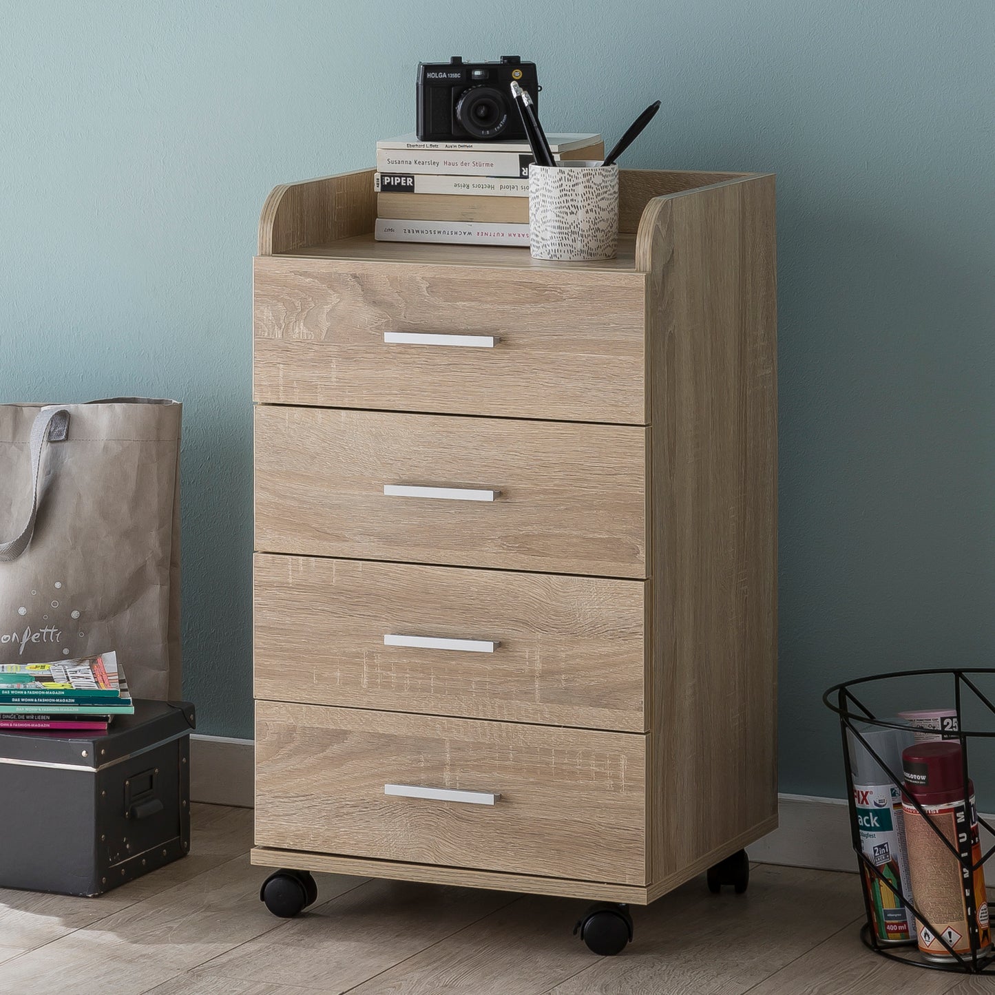 Rollcontainer WL5.749 40 mal 70 5 mal 33cm Sonoma Schreibtisch Container Rollschrank 4 Schubladen Moderner Schubladencontainer mit Rollen Standcontainer Buerocontainer Beistellcontainer