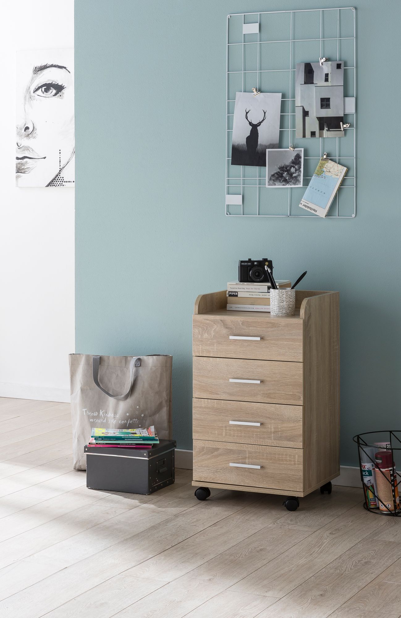 Rollcontainer WL5.749 40 mal 70 5 mal 33cm Sonoma Schreibtisch Container Rollschrank 4 Schubladen Moderner Schubladencontainer mit Rollen Standcontainer Buerocontainer Beistellcontainer