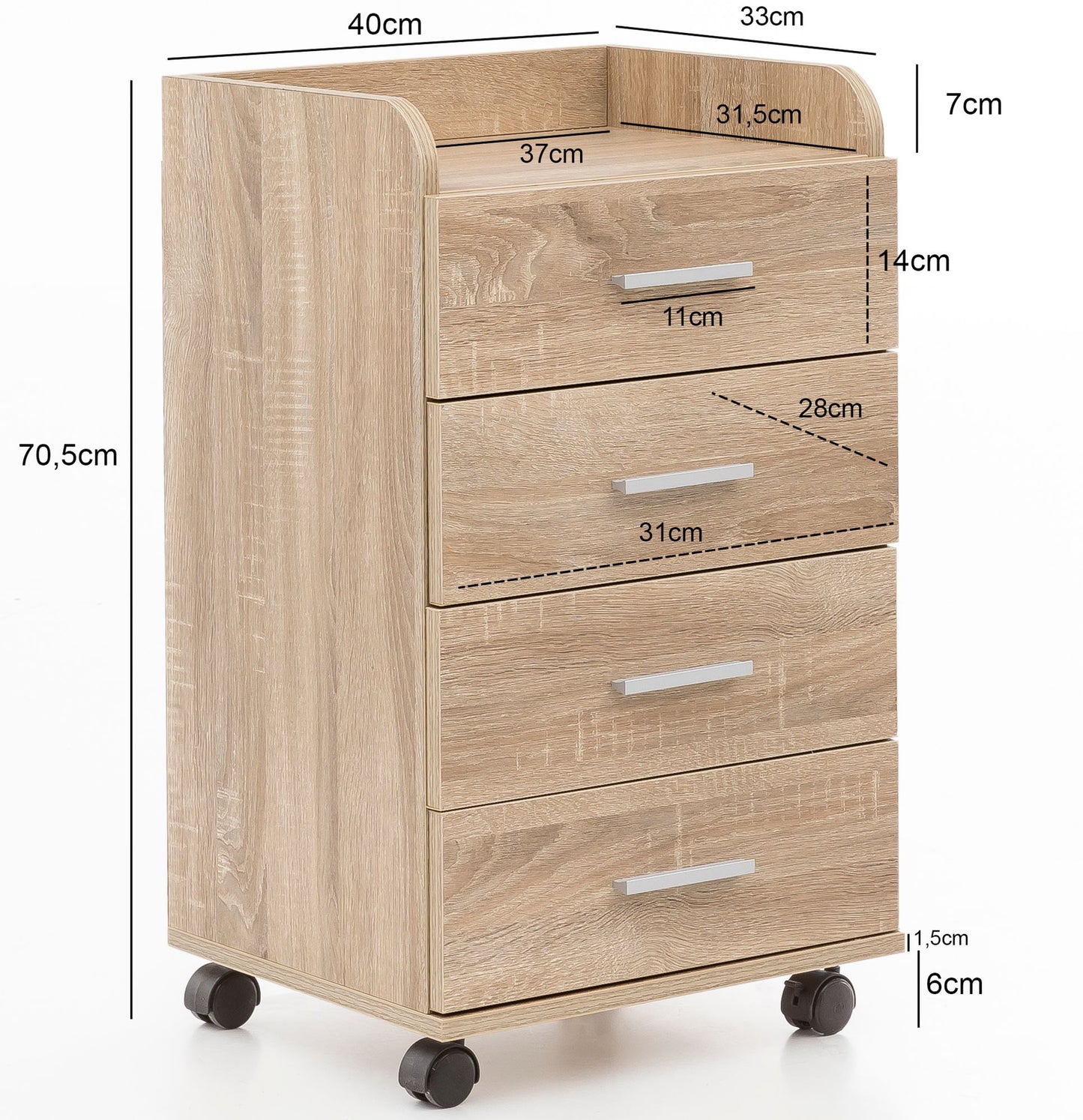 Rollcontainer WL5.749 40 mal 70 5 mal 33cm Sonoma Schreibtisch Container Rollschrank 4 Schubladen Moderner Schubladencontainer mit Rollen Standcontainer Buerocontainer Beistellcontainer