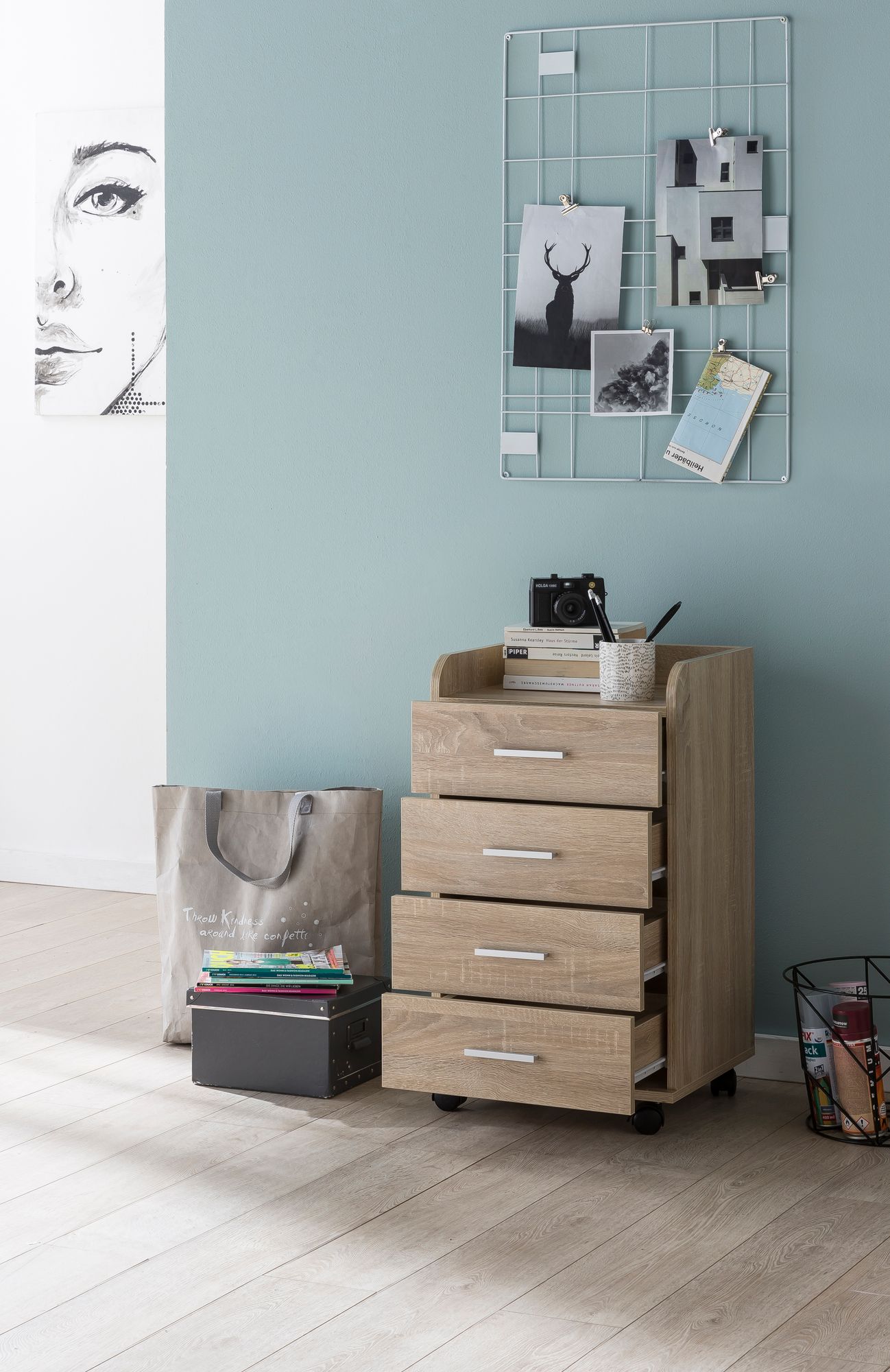 Rollcontainer WL5.749 40 mal 70 5 mal 33cm Sonoma Schreibtisch Container Rollschrank 4 Schubladen Moderner Schubladencontainer mit Rollen Standcontainer Buerocontainer Beistellcontainer