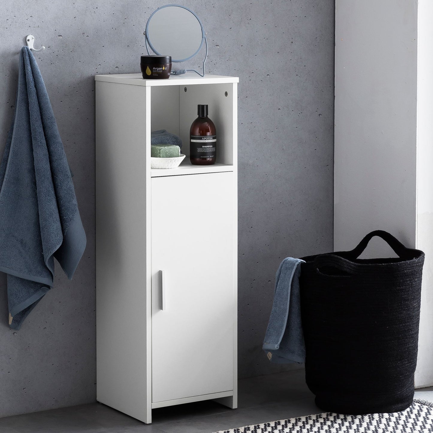 Badschrank 30 mal 95 5 mal 30 cm weiss Holz mit Tuer und Ablagefach Kleiner Bad Schrank Beistellschrank stehend Badregal schmal freistehend Badezimmerkommode Badmoebel Badezimmermoebel