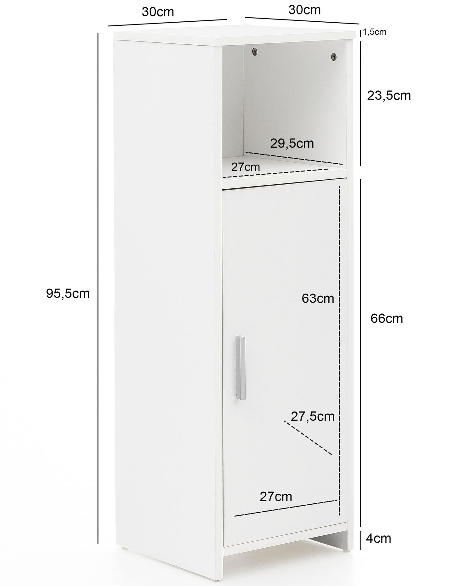 Badschrank 30 mal 95 5 mal 30 cm weiss Holz mit Tuer und Ablagefach Kleiner Bad Schrank Beistellschrank stehend Badregal schmal freistehend Badezimmerkommode Badmoebel Badezimmermoebel