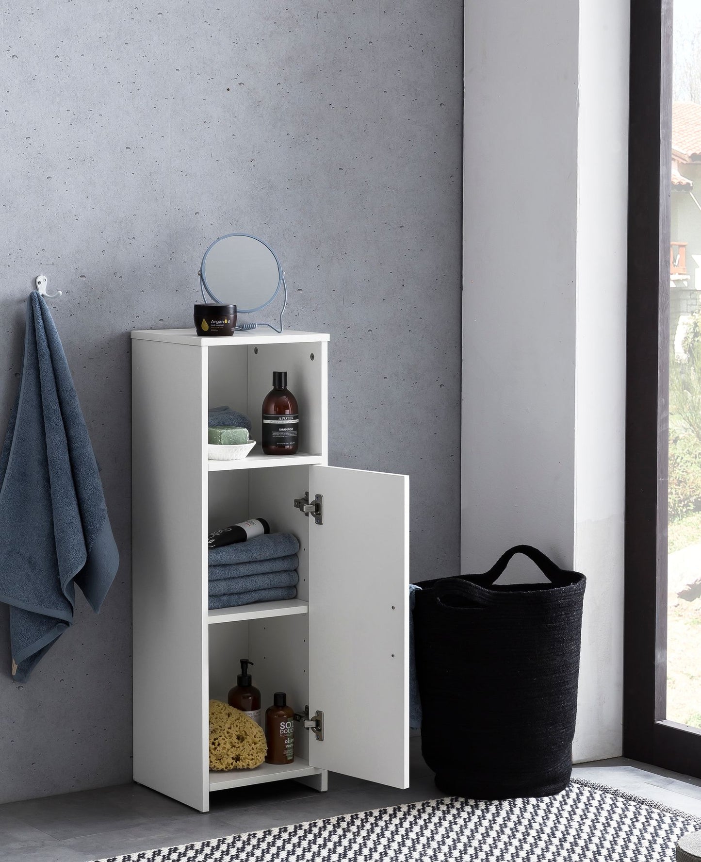 Badschrank 30 mal 95 5 mal 30 cm weiss Holz mit Tuer und Ablagefach Kleiner Bad Schrank Beistellschrank stehend Badregal schmal freistehend Badezimmerkommode Badmoebel Badezimmermoebel