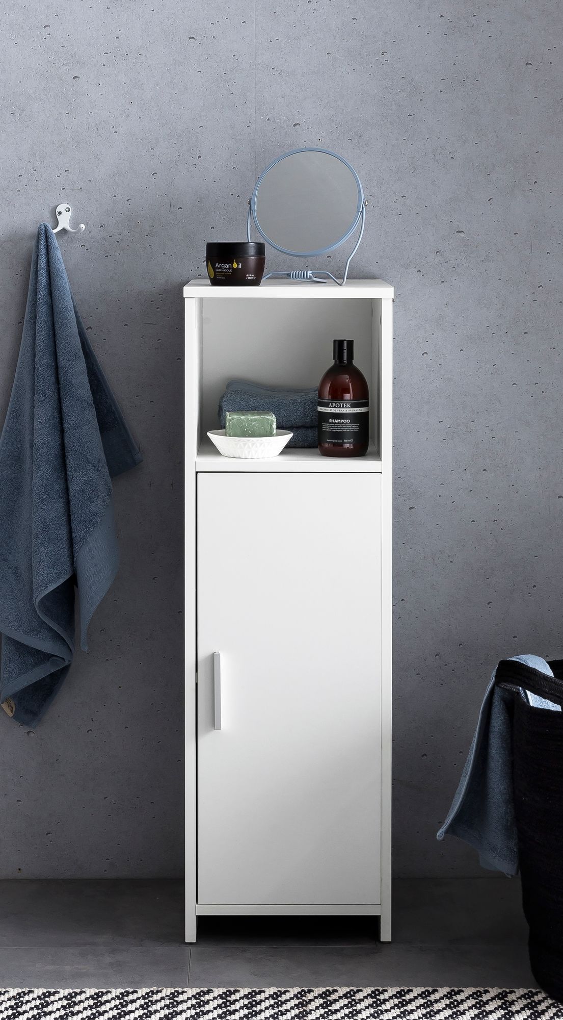 Badschrank 30 mal 95 5 mal 30 cm weiss Holz mit Tuer und Ablagefach Kleiner Bad Schrank Beistellschrank stehend Badregal schmal freistehend Badezimmerkommode Badmoebel Badezimmermoebel